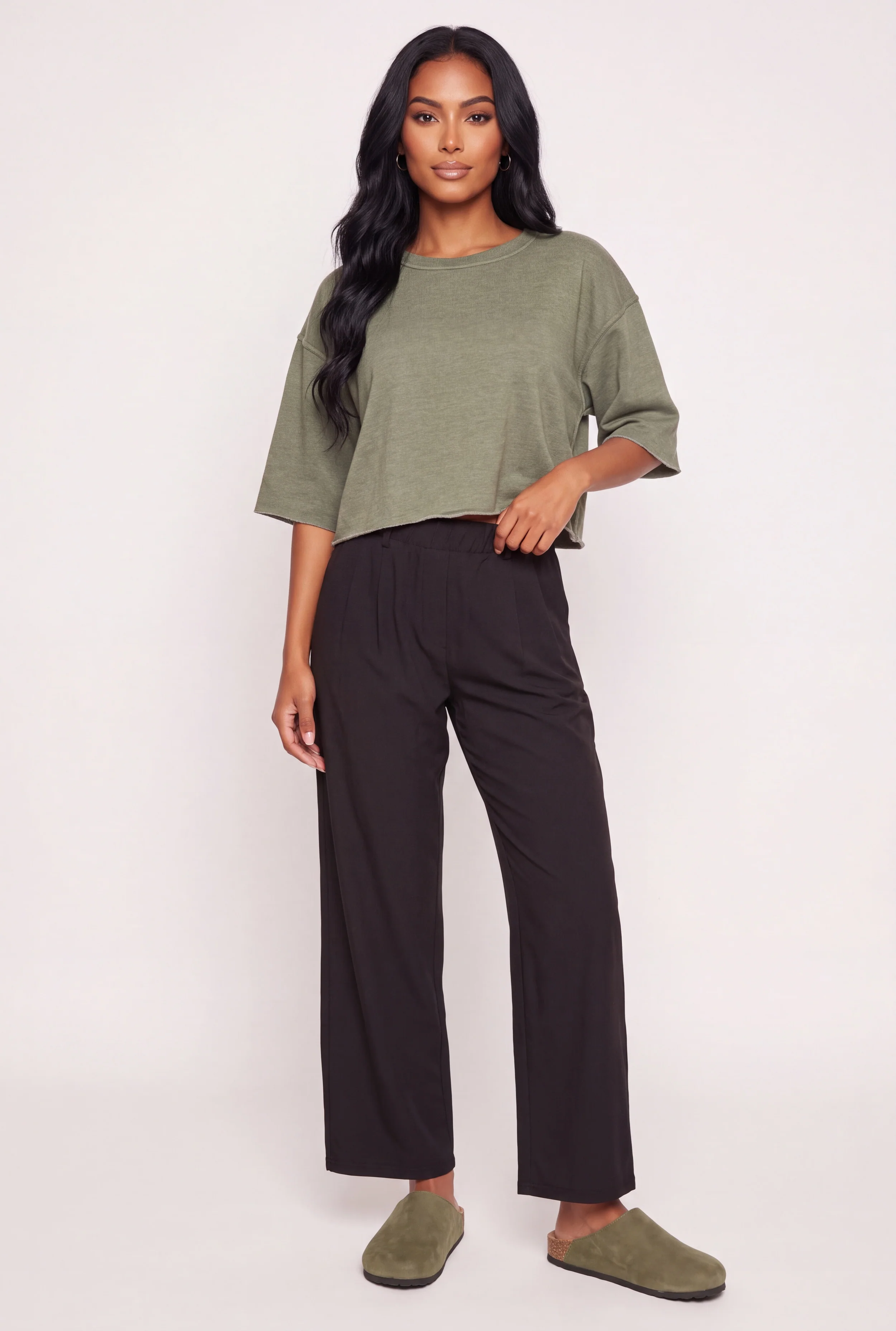 High Waisted Wide Leg Pull On Casual Pants