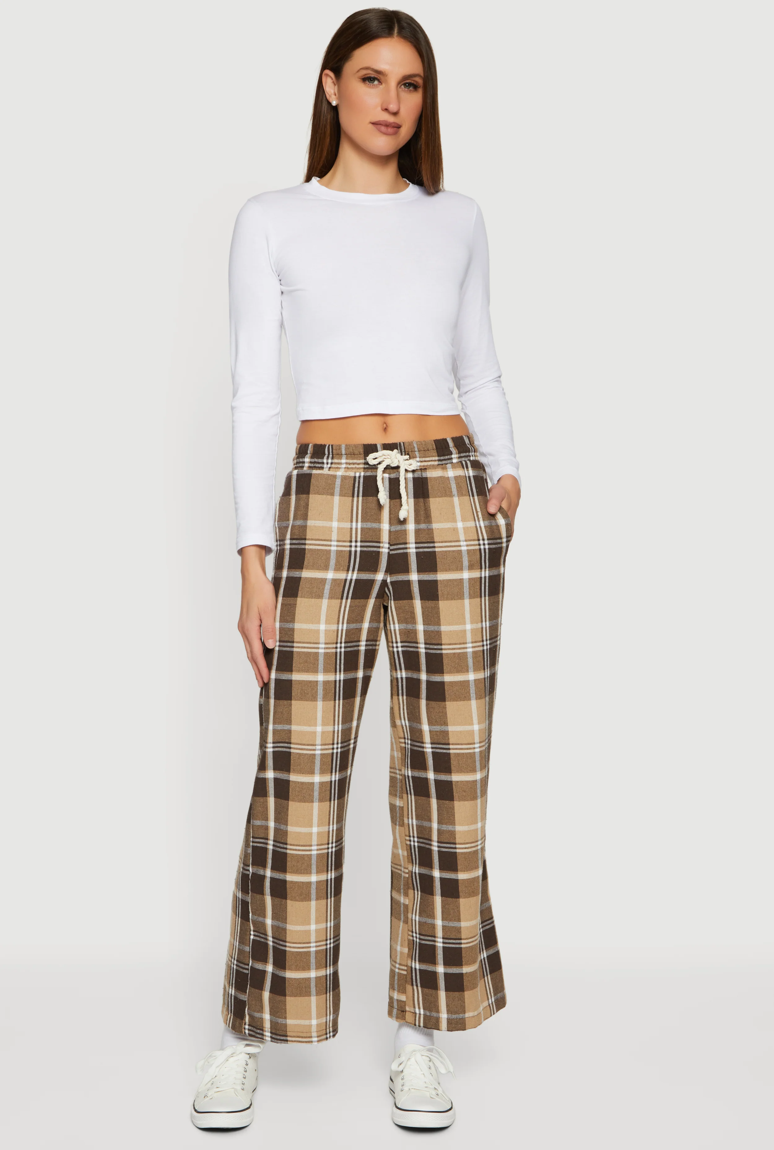Flannel Drawstring Waist Wide Leg Pants
