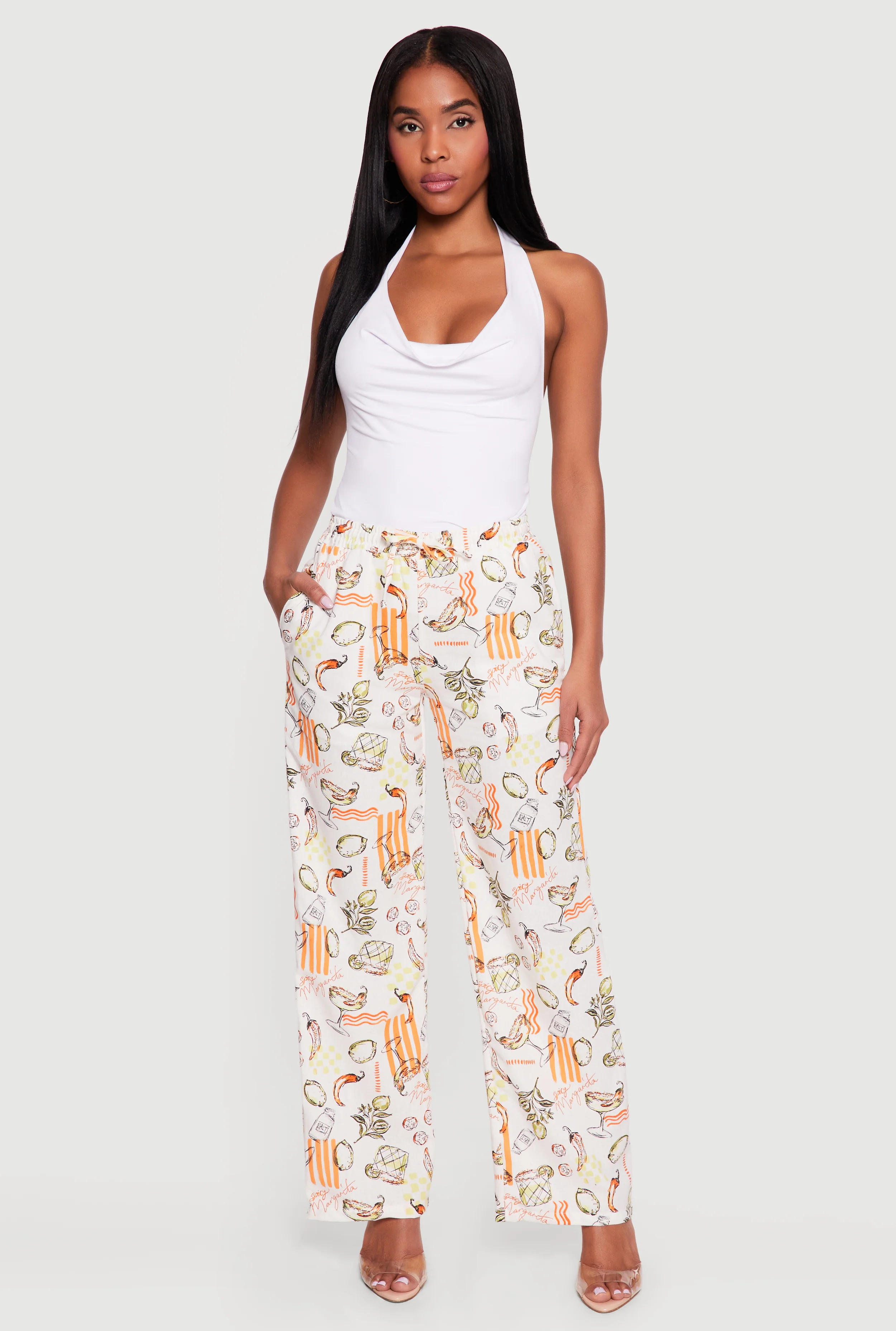 Printed Pattern Linen Wide Leg Drawstring Waist Pants
