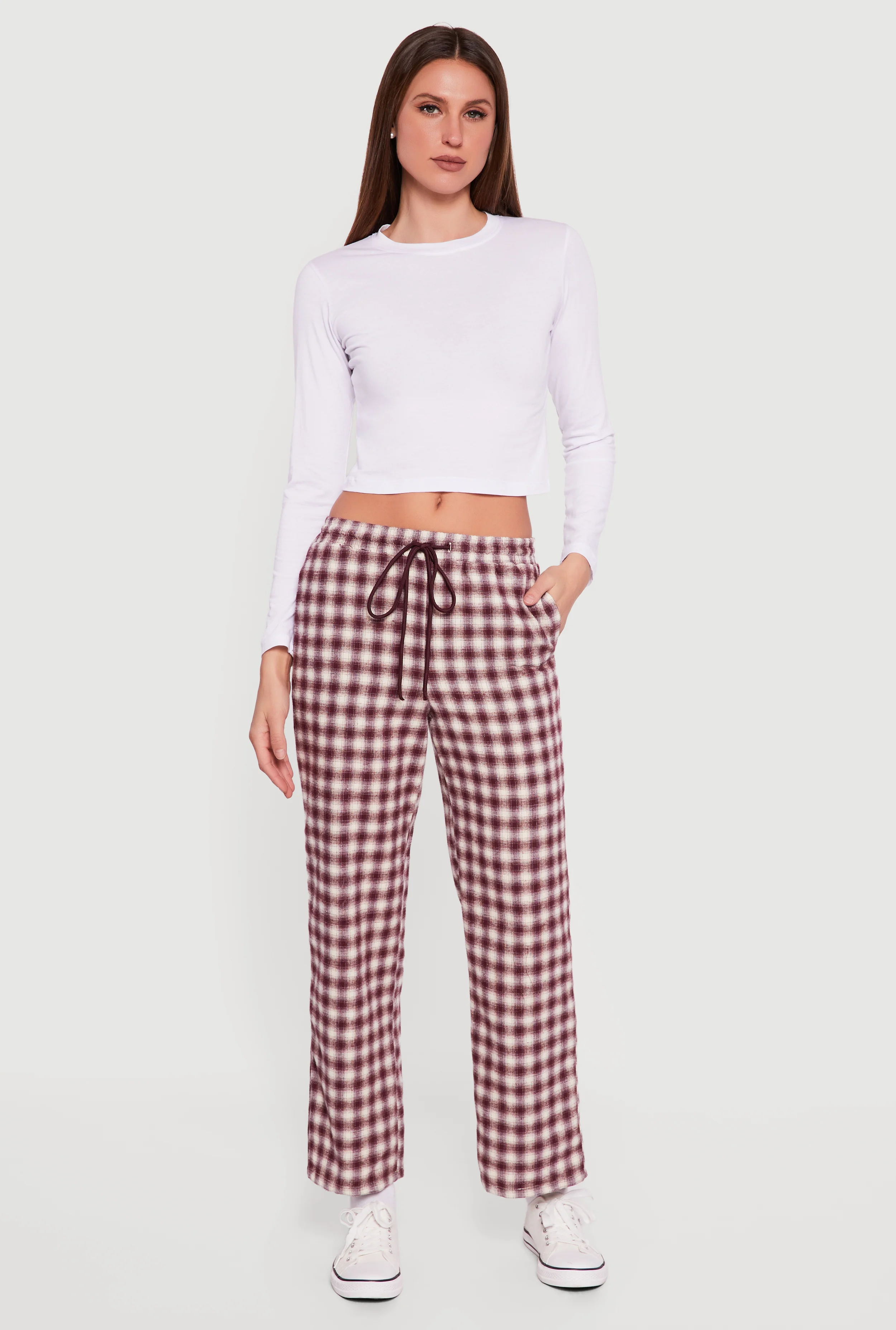Plaid Flannel Drawstring Waist Wide Leg Pants