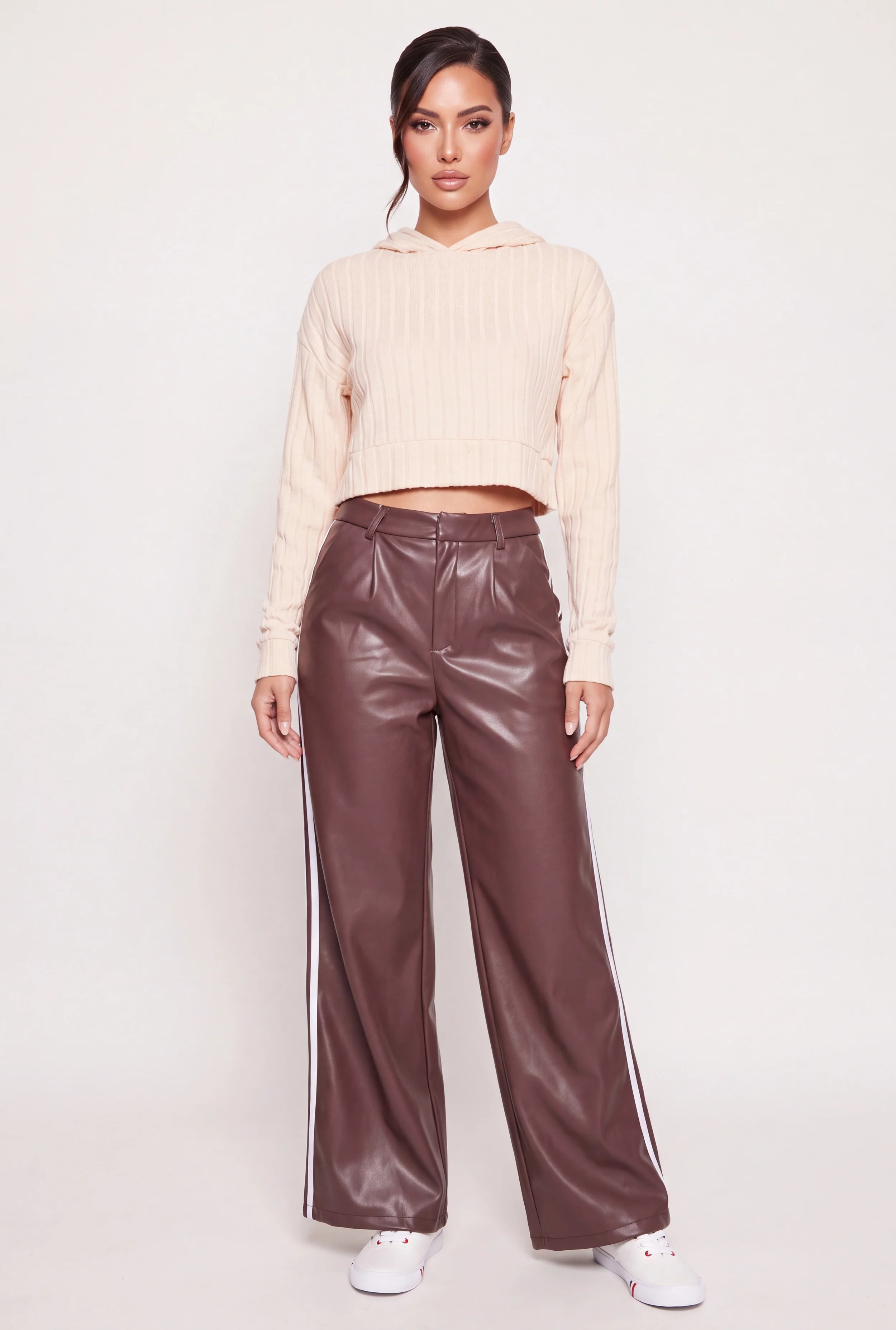 Contrast Trim Faux Leather Wide Leg Pants