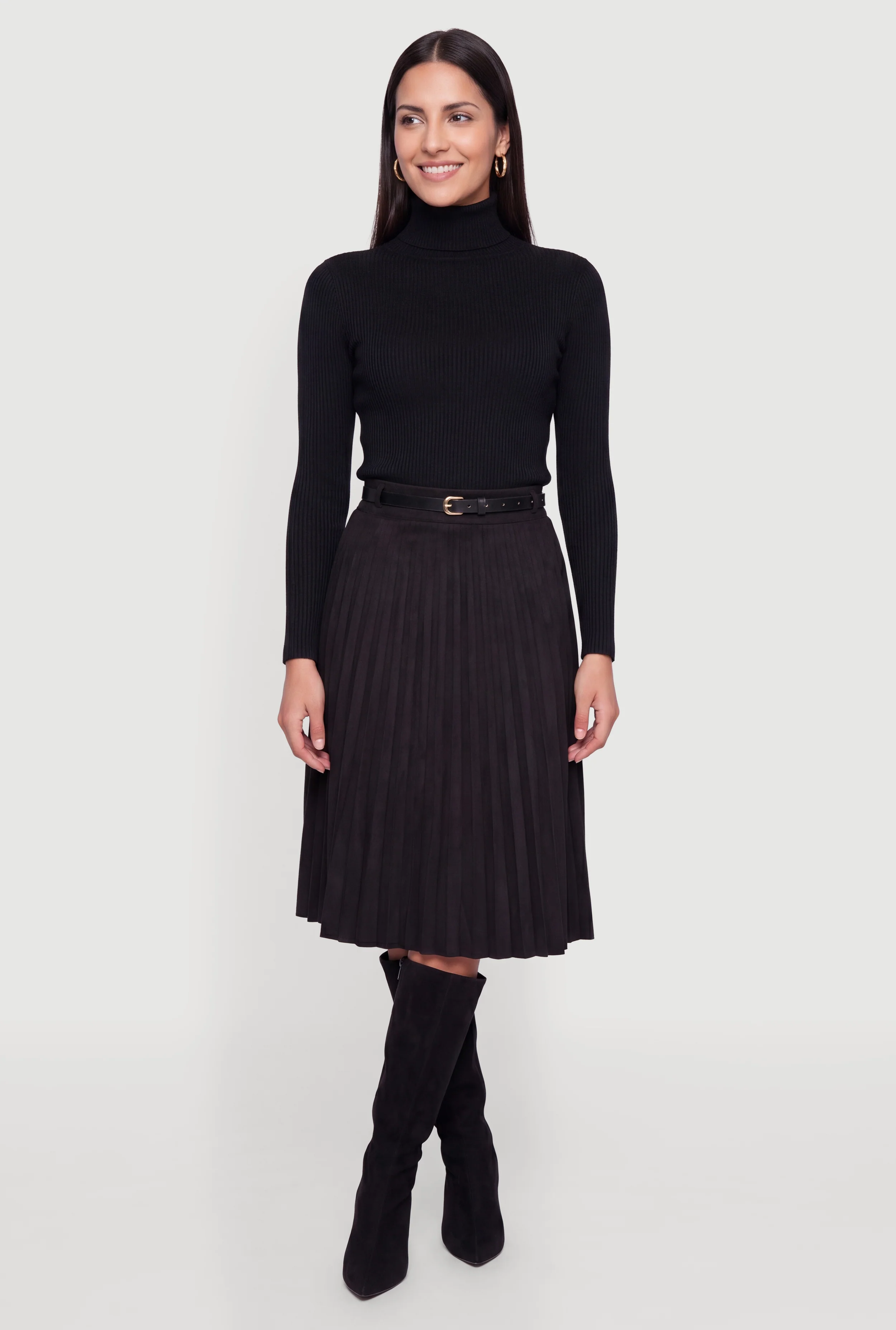 Faux Suede Belted High Waist Pleated Midi Skirt