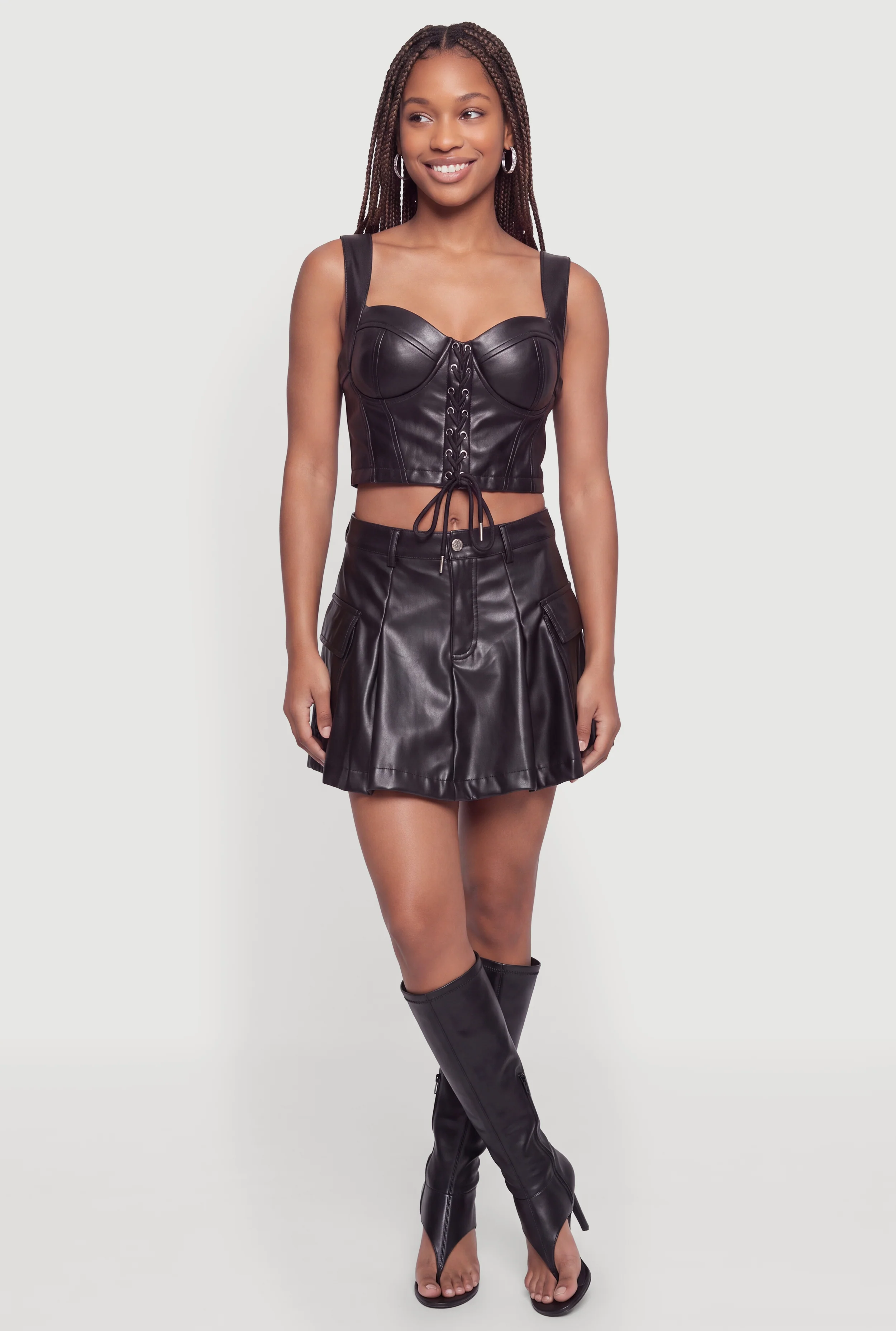 Faux Leather Pleated Mini Skirt with Cargo Pockets