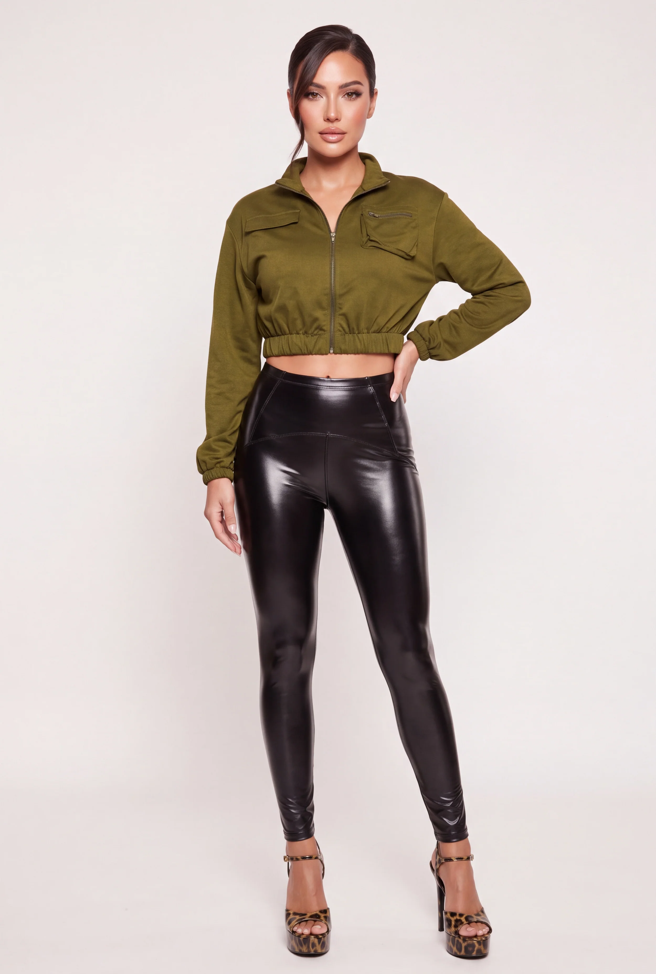 Decorative Stitch Fleece Lined Faux Leather Leggings