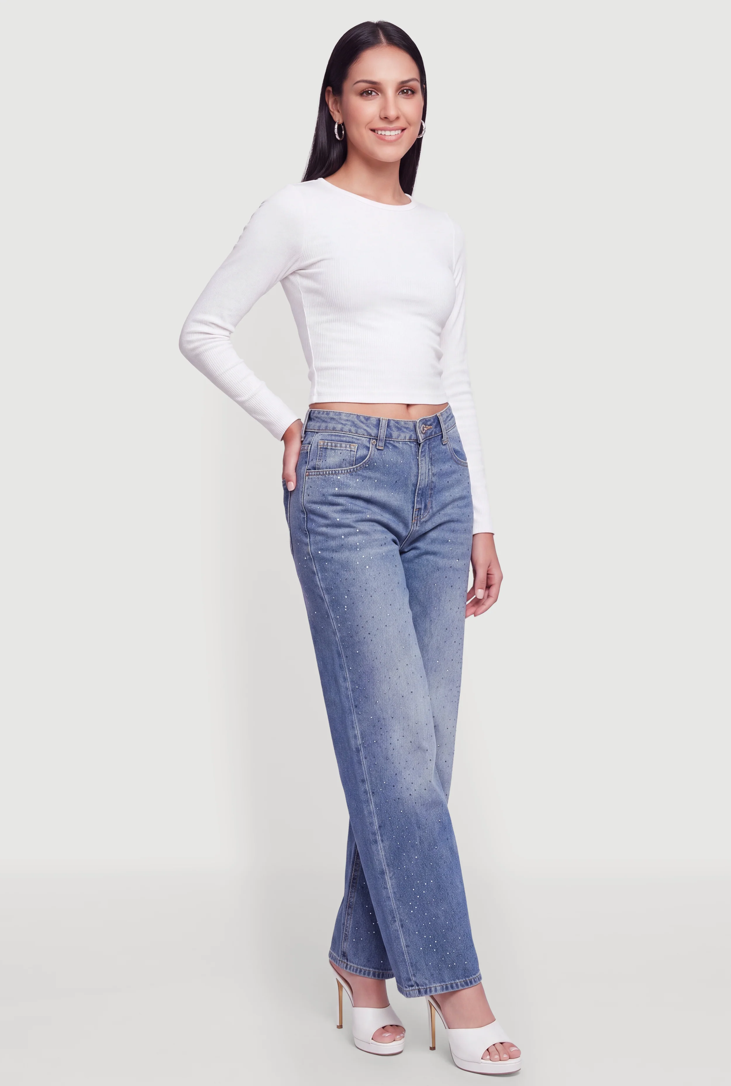 Spoon Jeans Rhinestone Mid Rise Wide Leg Jeans