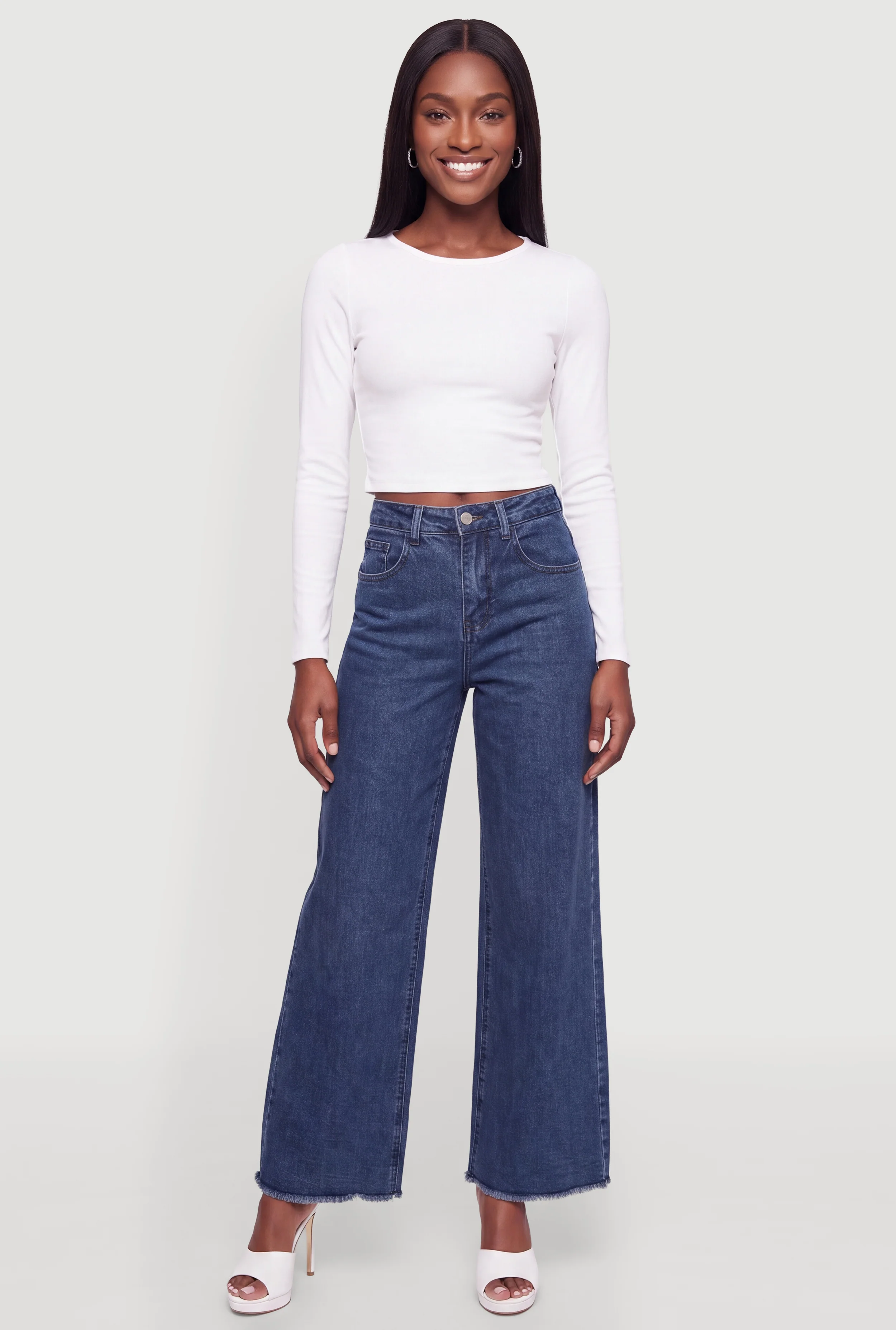 High Waisted Frayed Hem Wide Leg Jeans