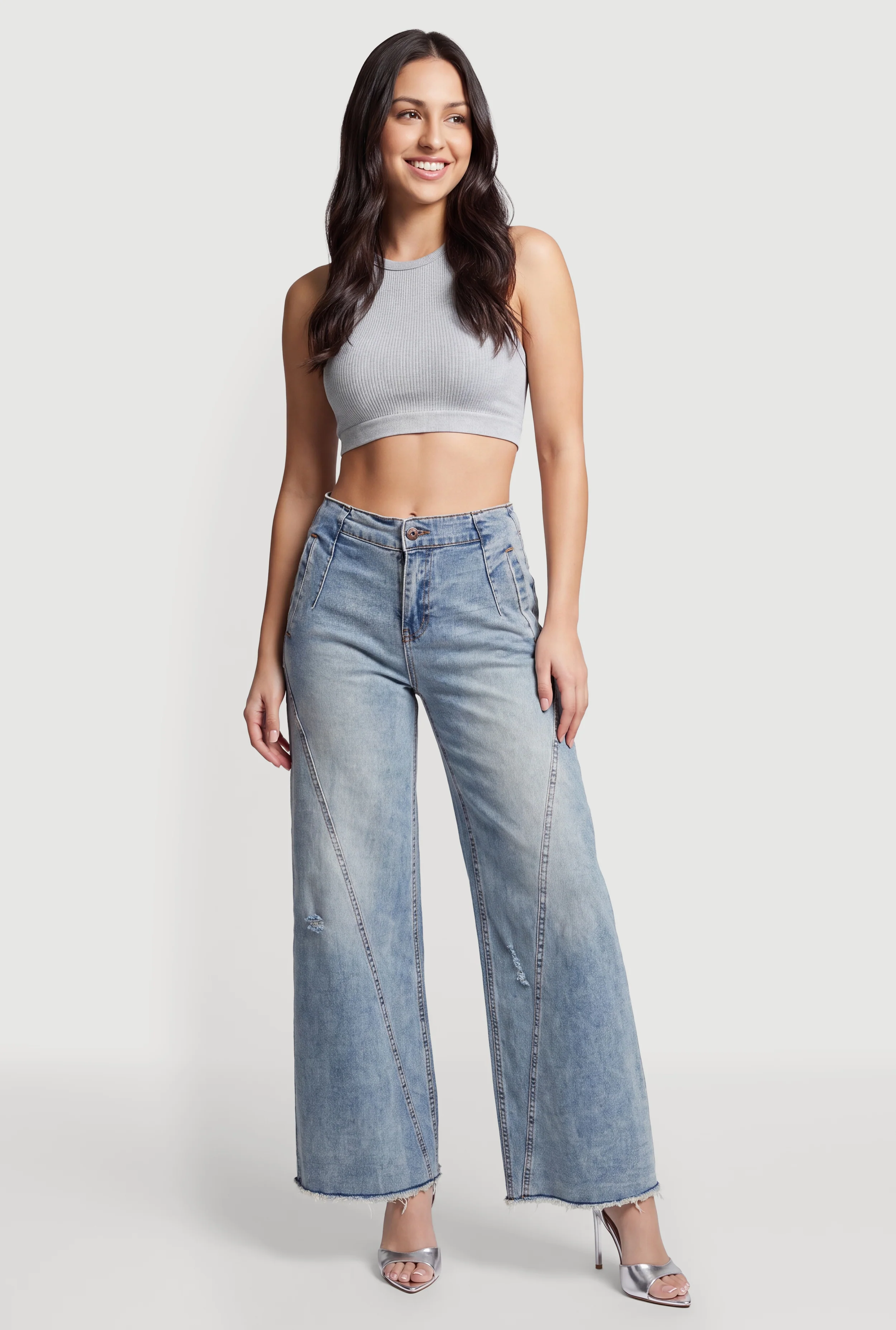 Decorative Stitch Frayed Hem Wide Leg Distressed Jeans