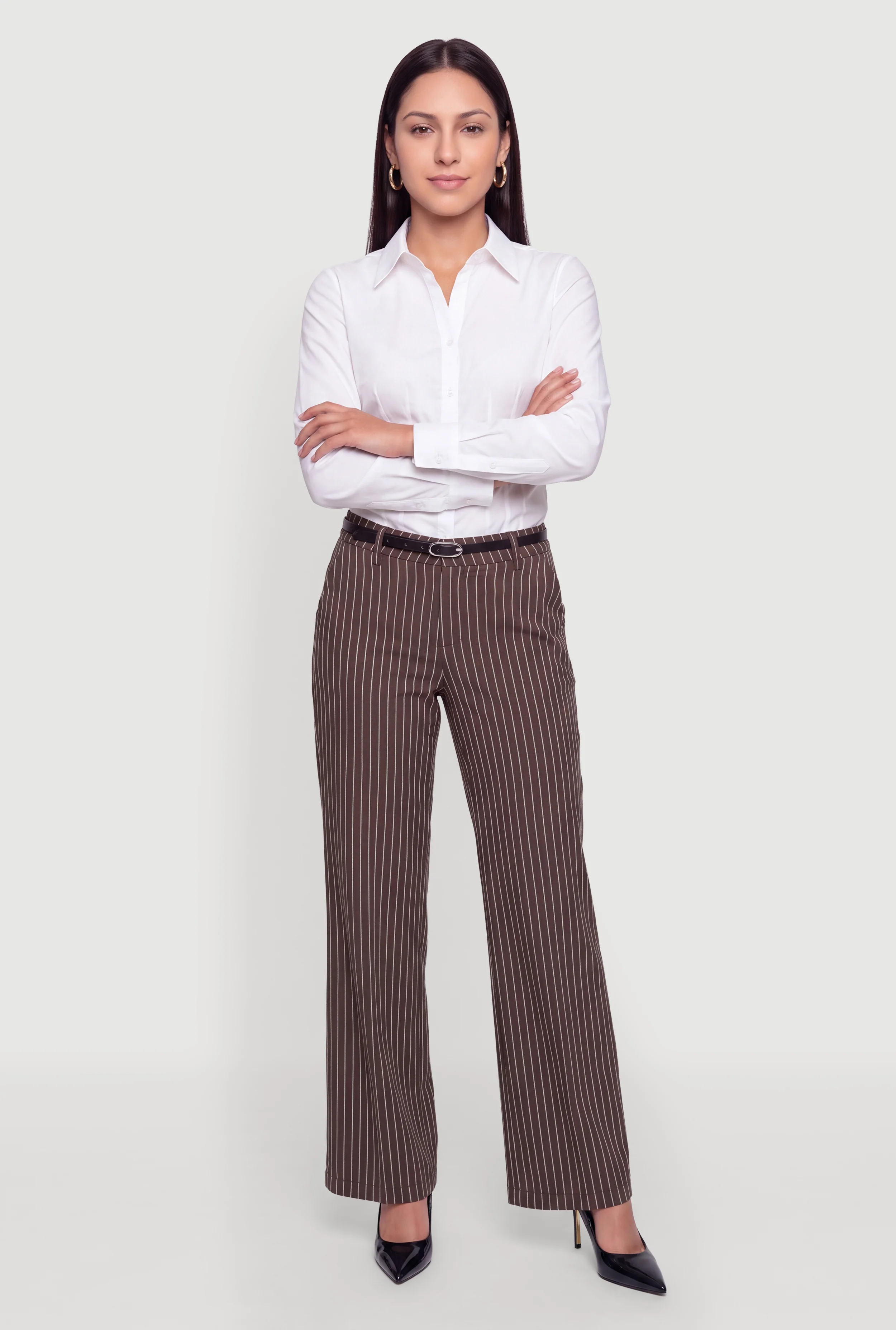 Belted Pinstripe Wide Leg Dress Pants