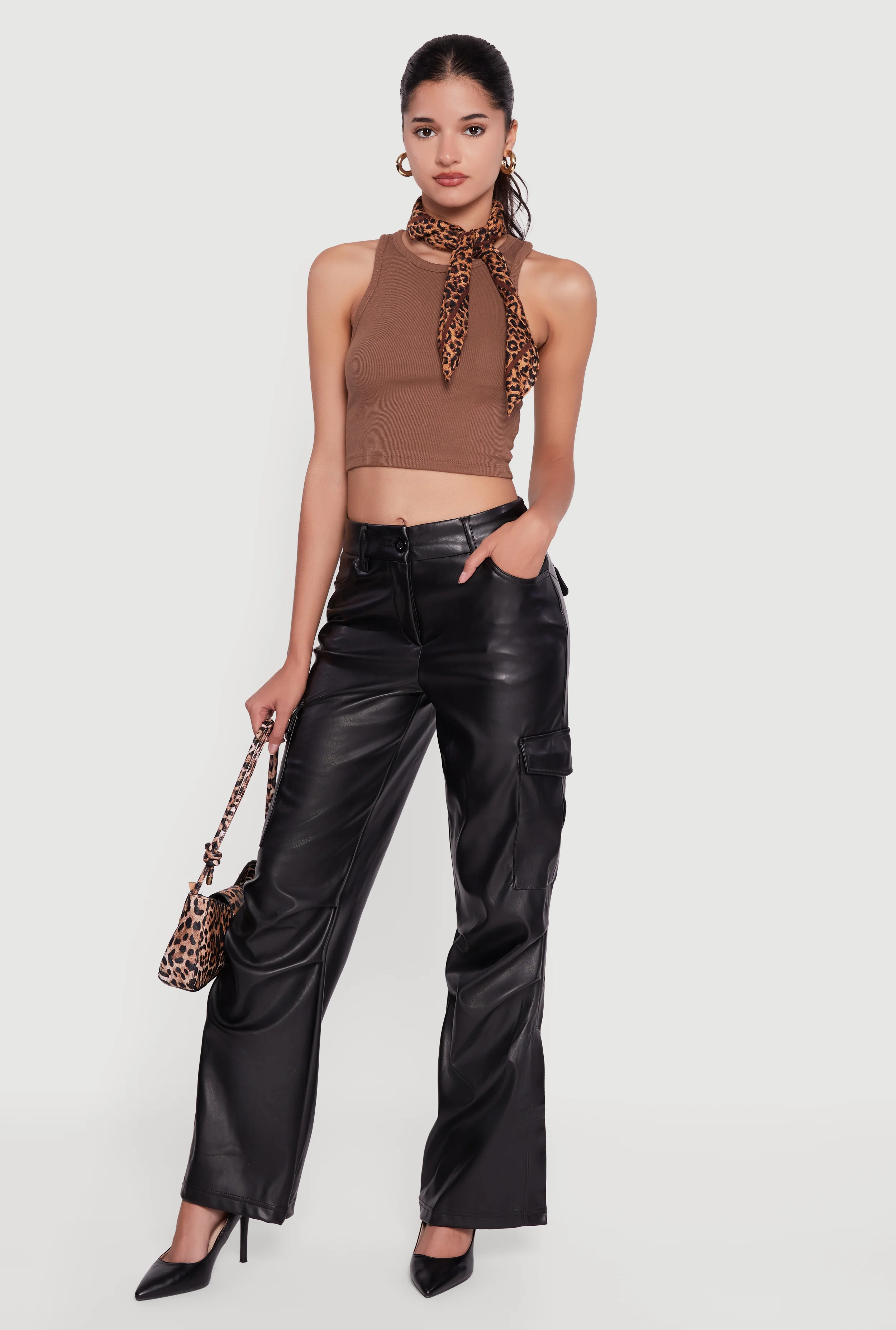 Side Slit Faux Leather Flare Leg Dress Pants