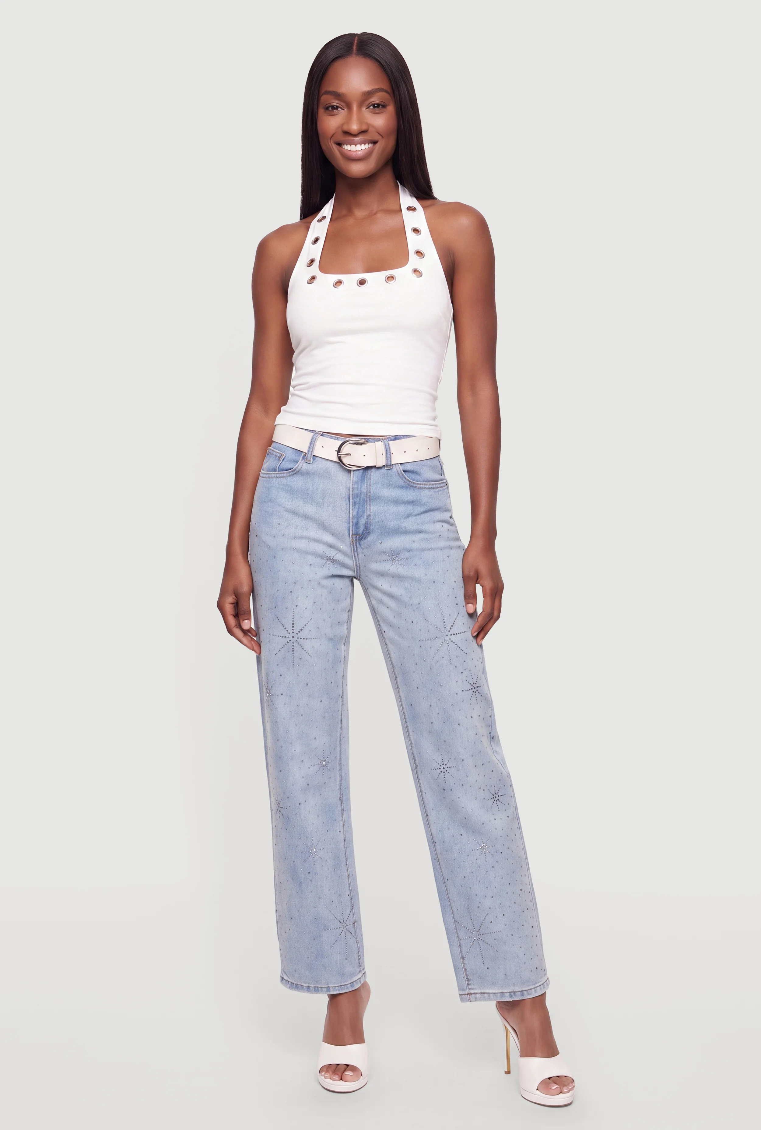 Rhinestone Studded Belted Straight Leg Jeans