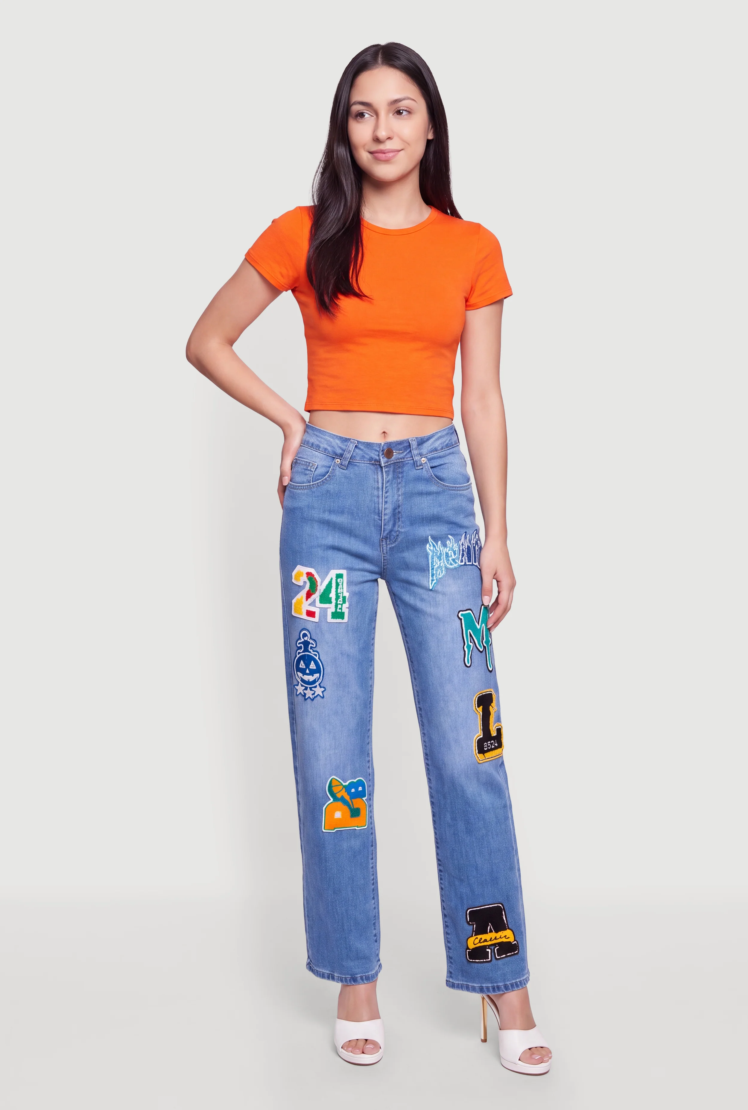 Mid Rise Straight Leg Patch Graphic Jeans
