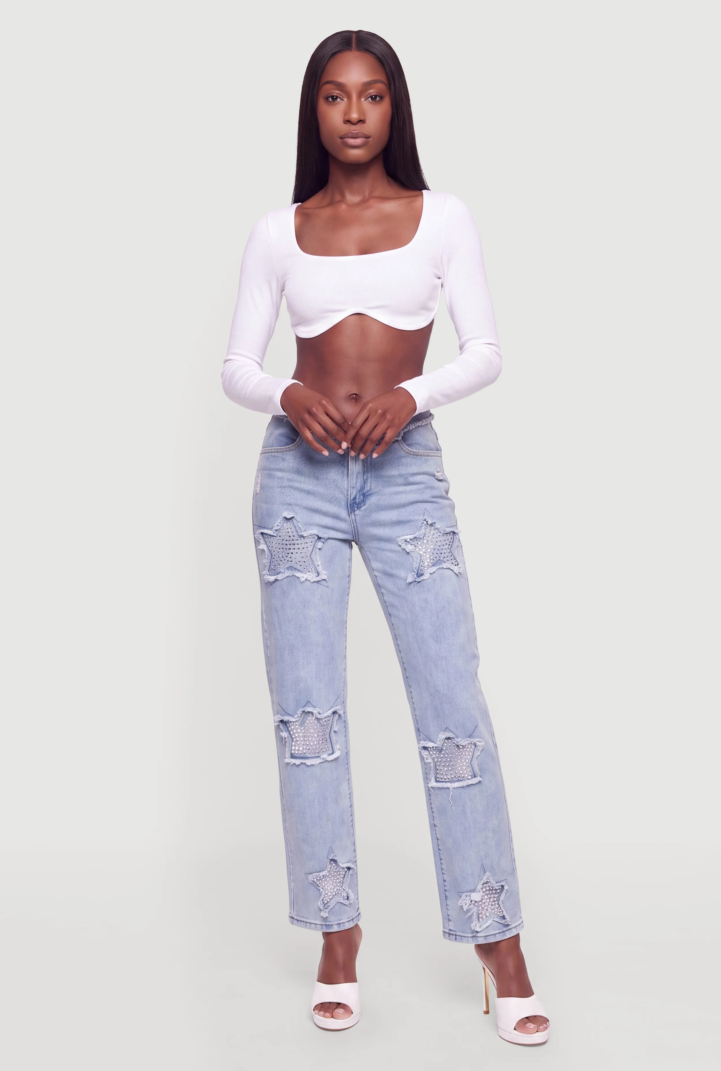 Studded Star Embroidered Straight Leg Jeans