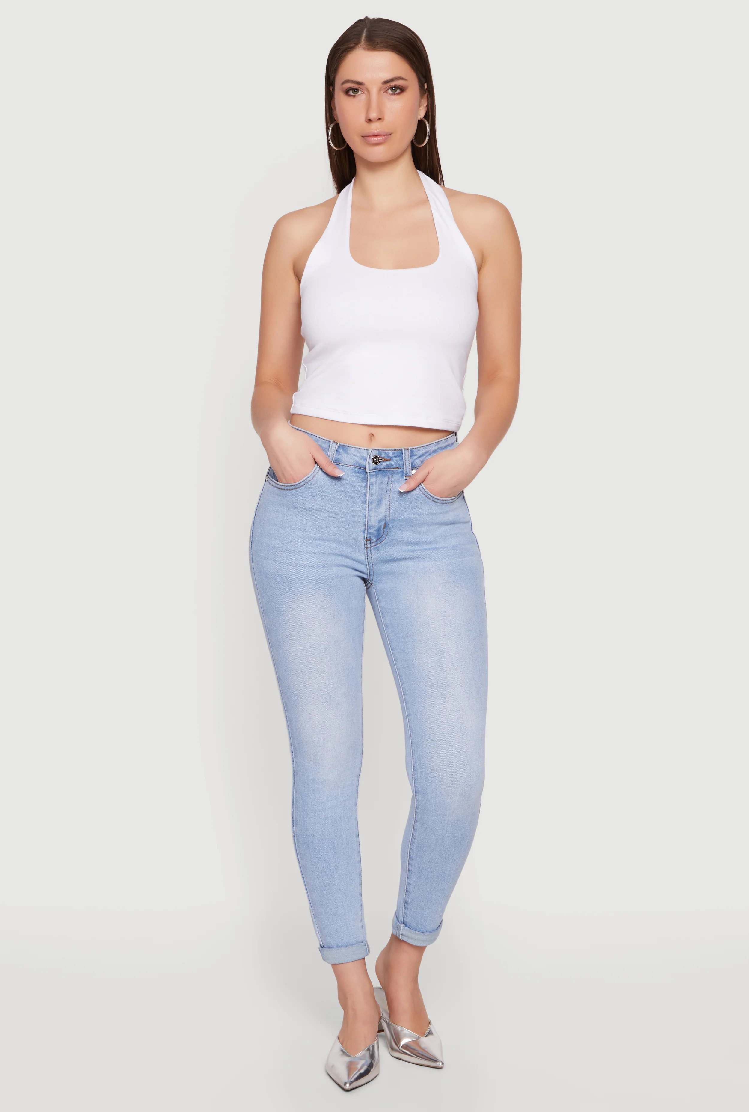 Mid Rise Skinny Jeans with Rolled Cuffs