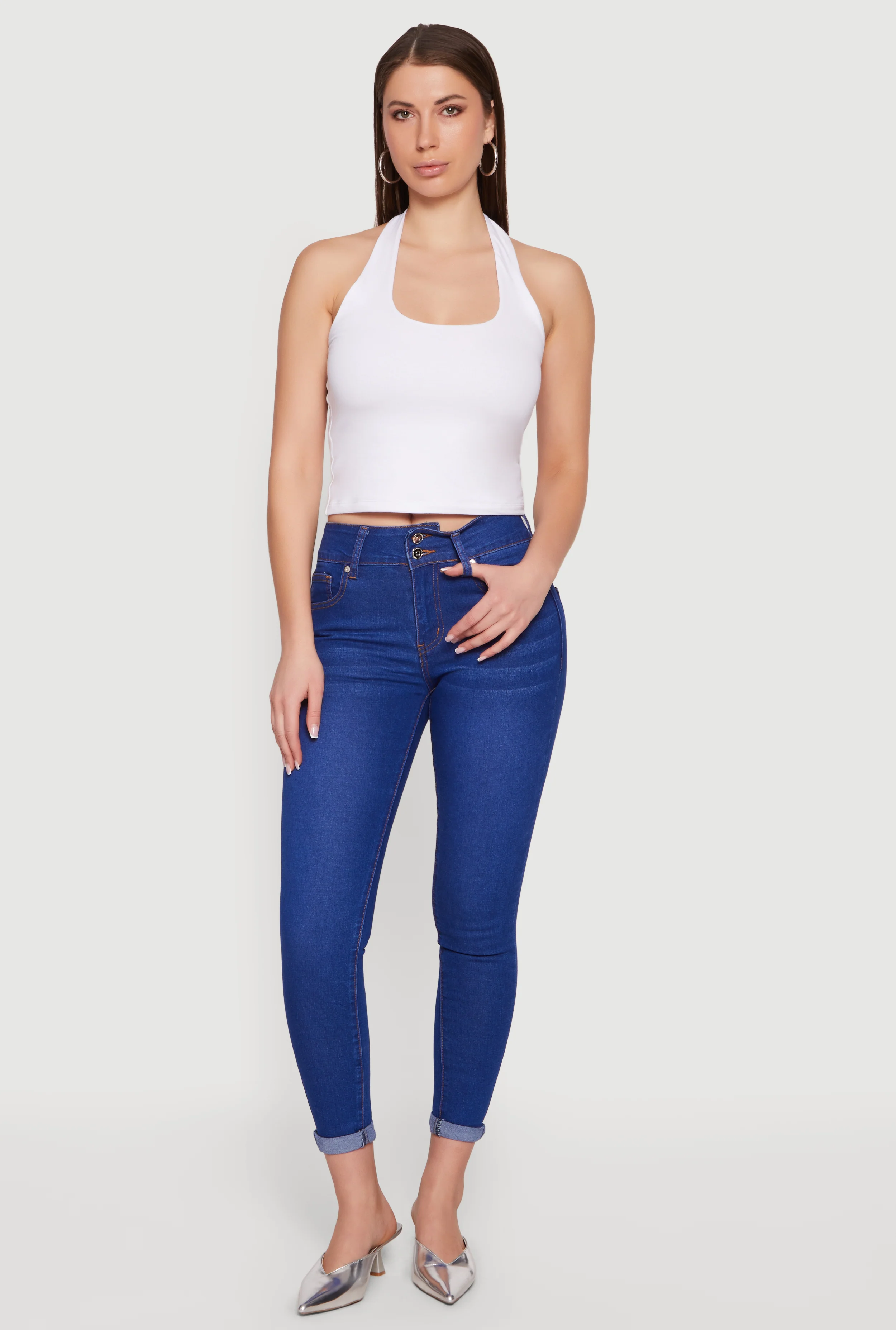 Two Button Rolled Cuff Skinny Jeans