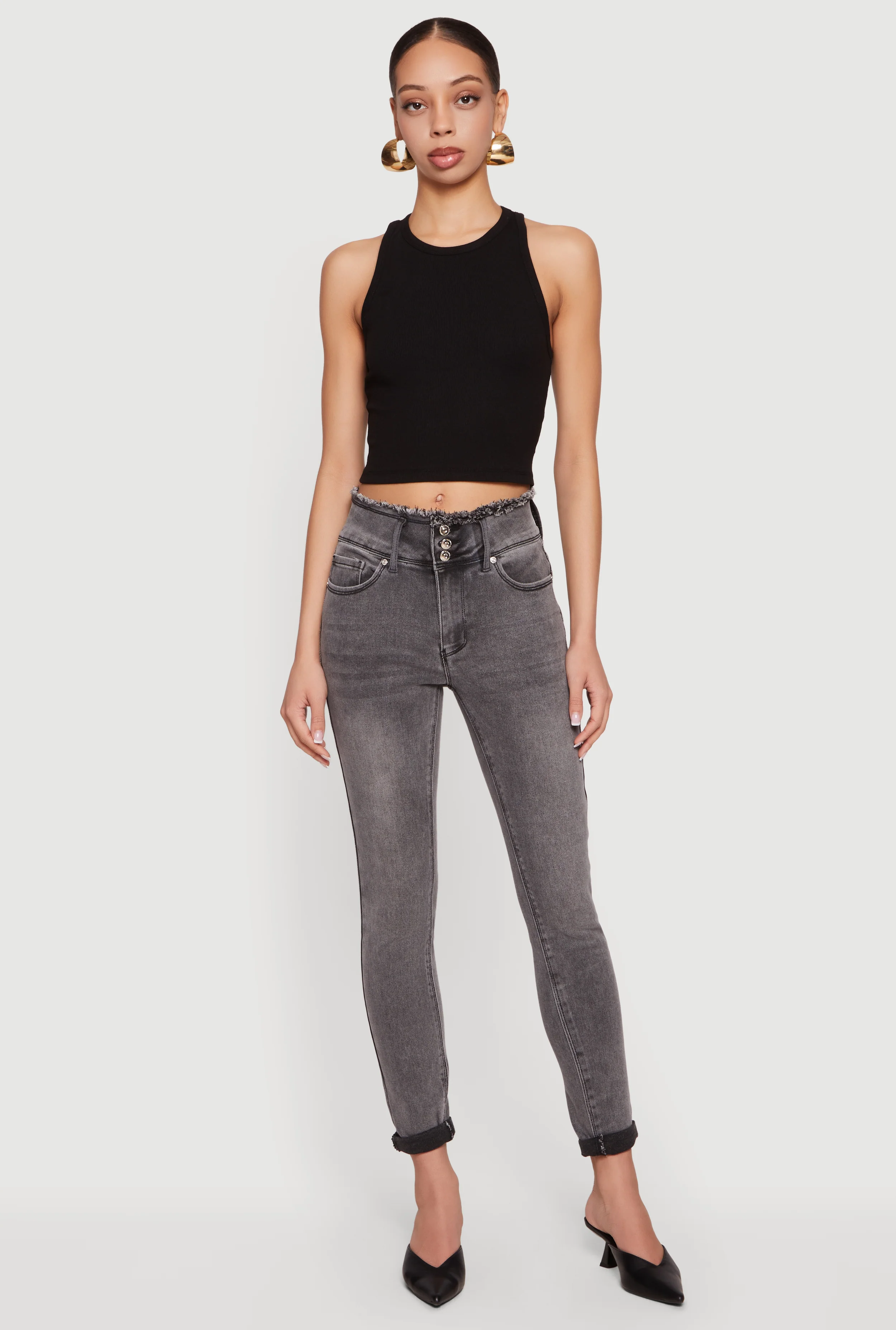 Three Button Frayed Waistband Rolled Cuff Skinny Jeans
