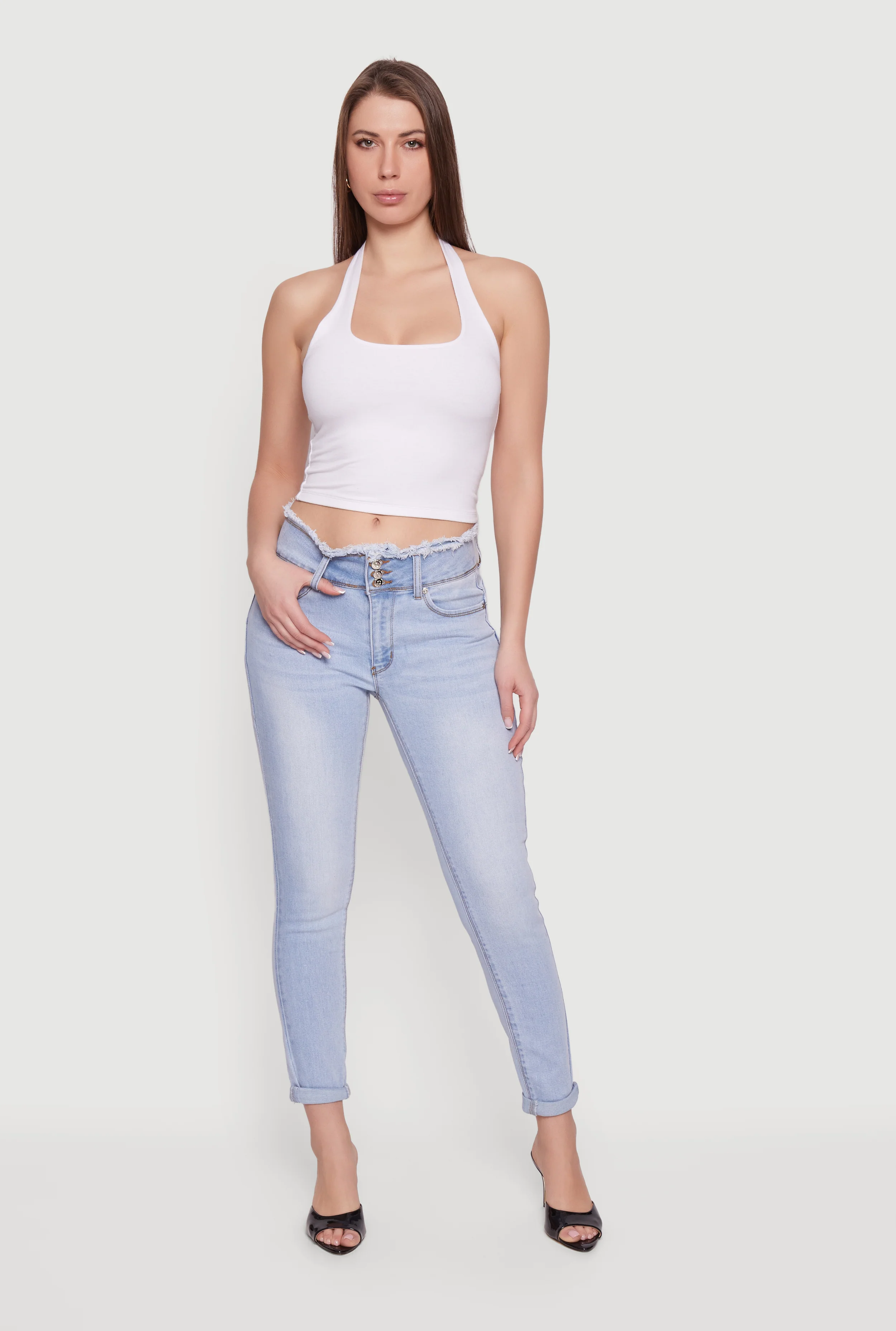 Three Button Frayed Waistband Rolled Cuff Skinny Jeans