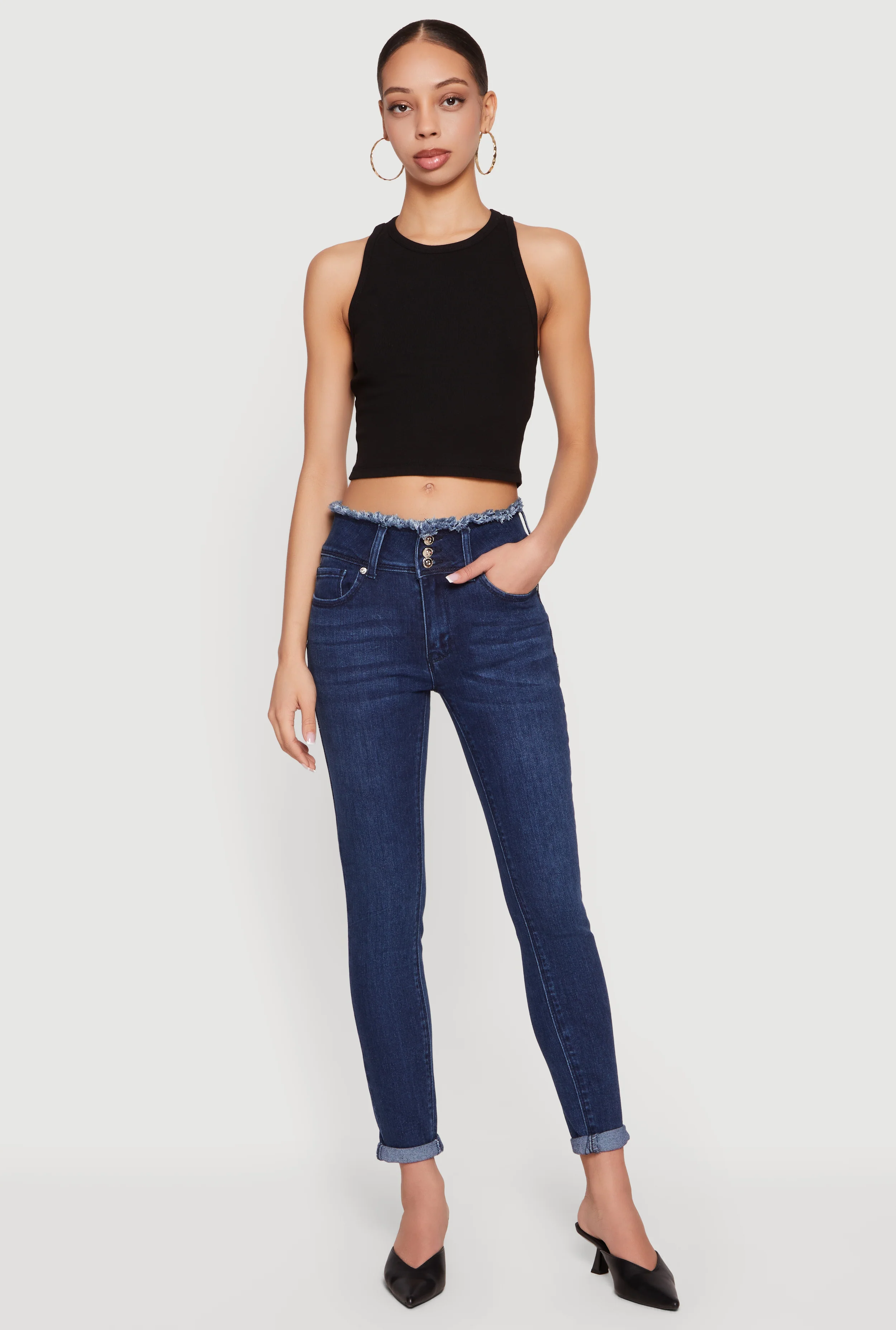 Three Button Frayed Waistband Rolled Cuff Skinny Jeans