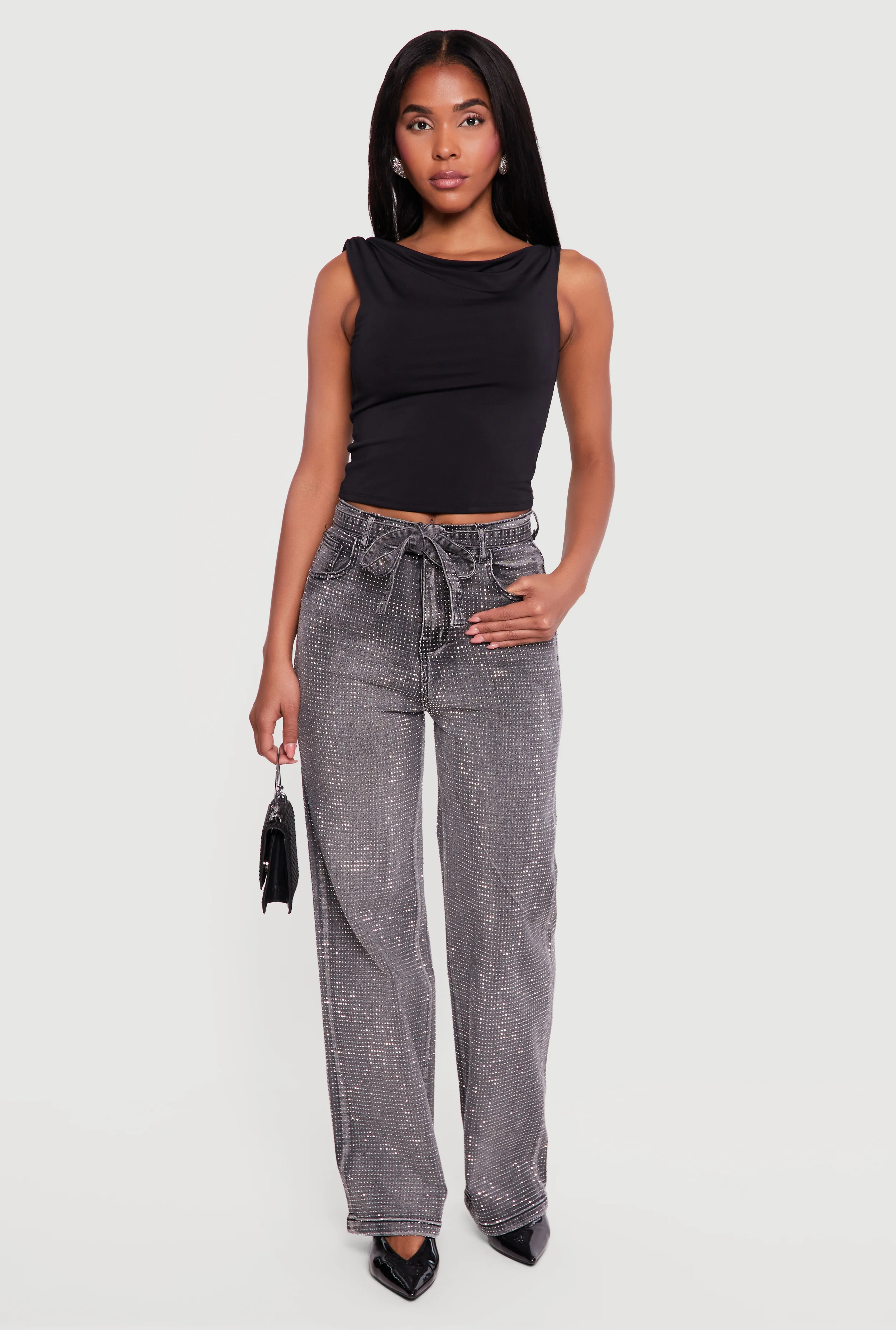 High Waisted Tie Waist Belted Rhinestone Studded Jeans