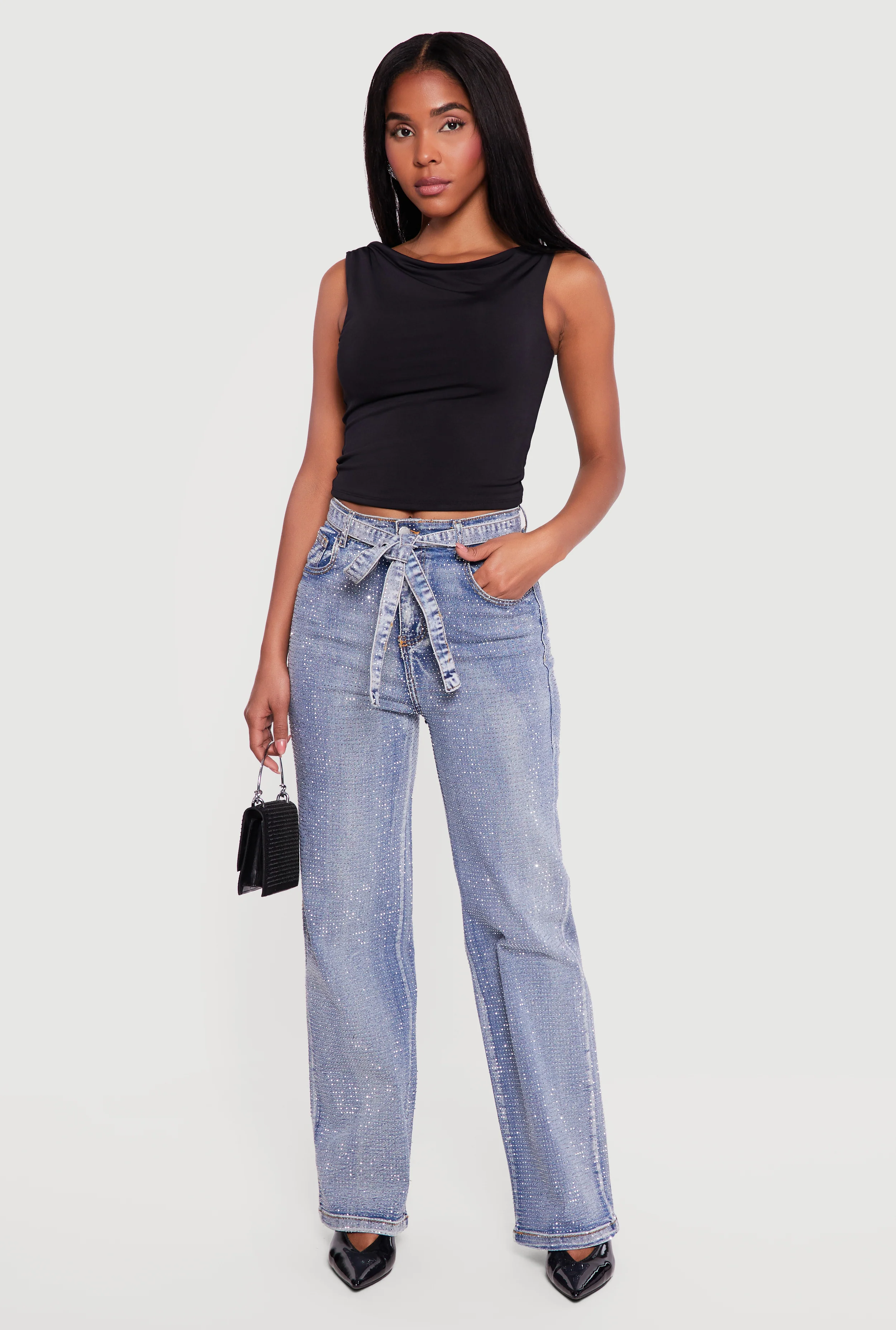 High Waisted Tie Waist Belted Rhinestone Studded Jeans