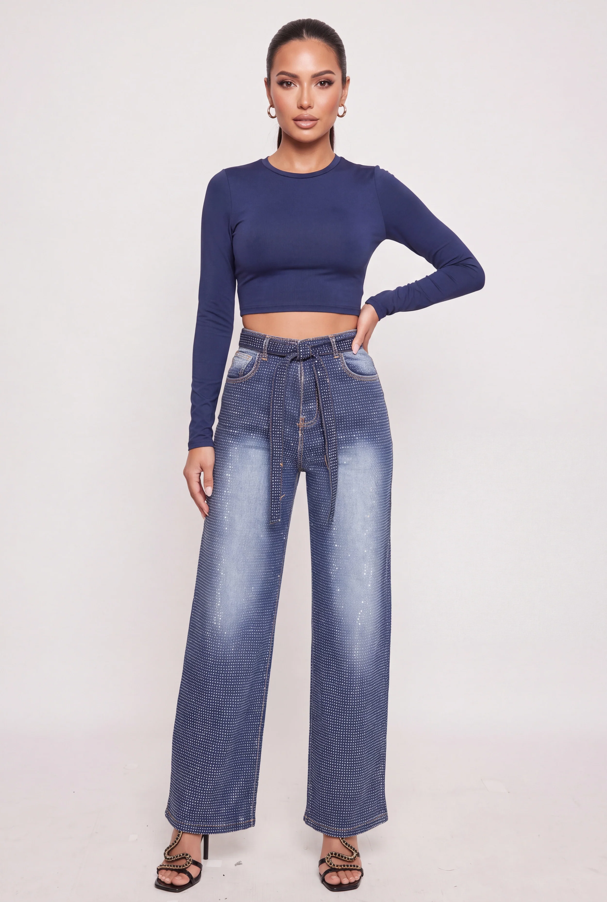 High Waisted Tie Waist Belted Rhinestone Studded Jeans