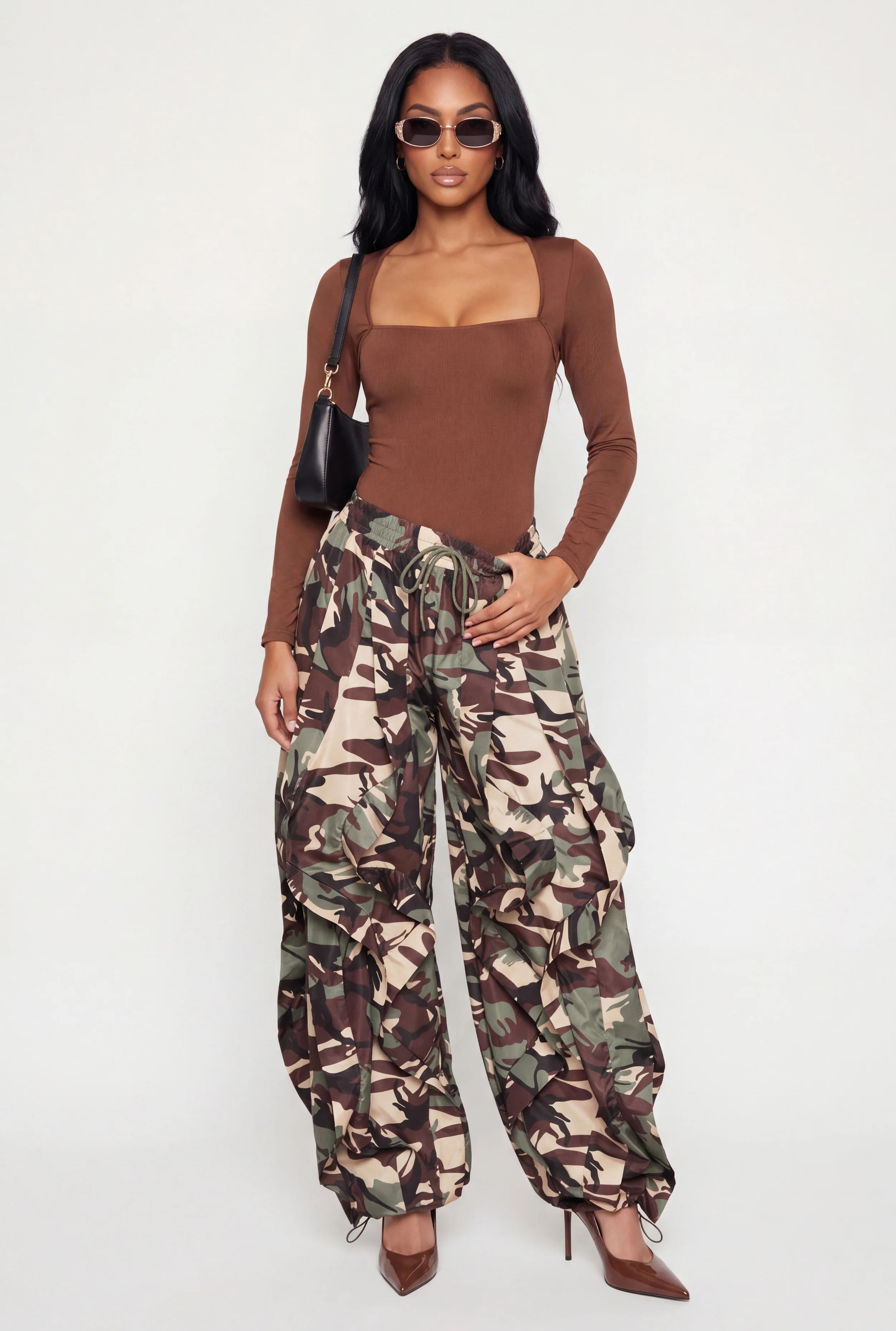 Nylon Parachute Camouflage Pants with Ruffles