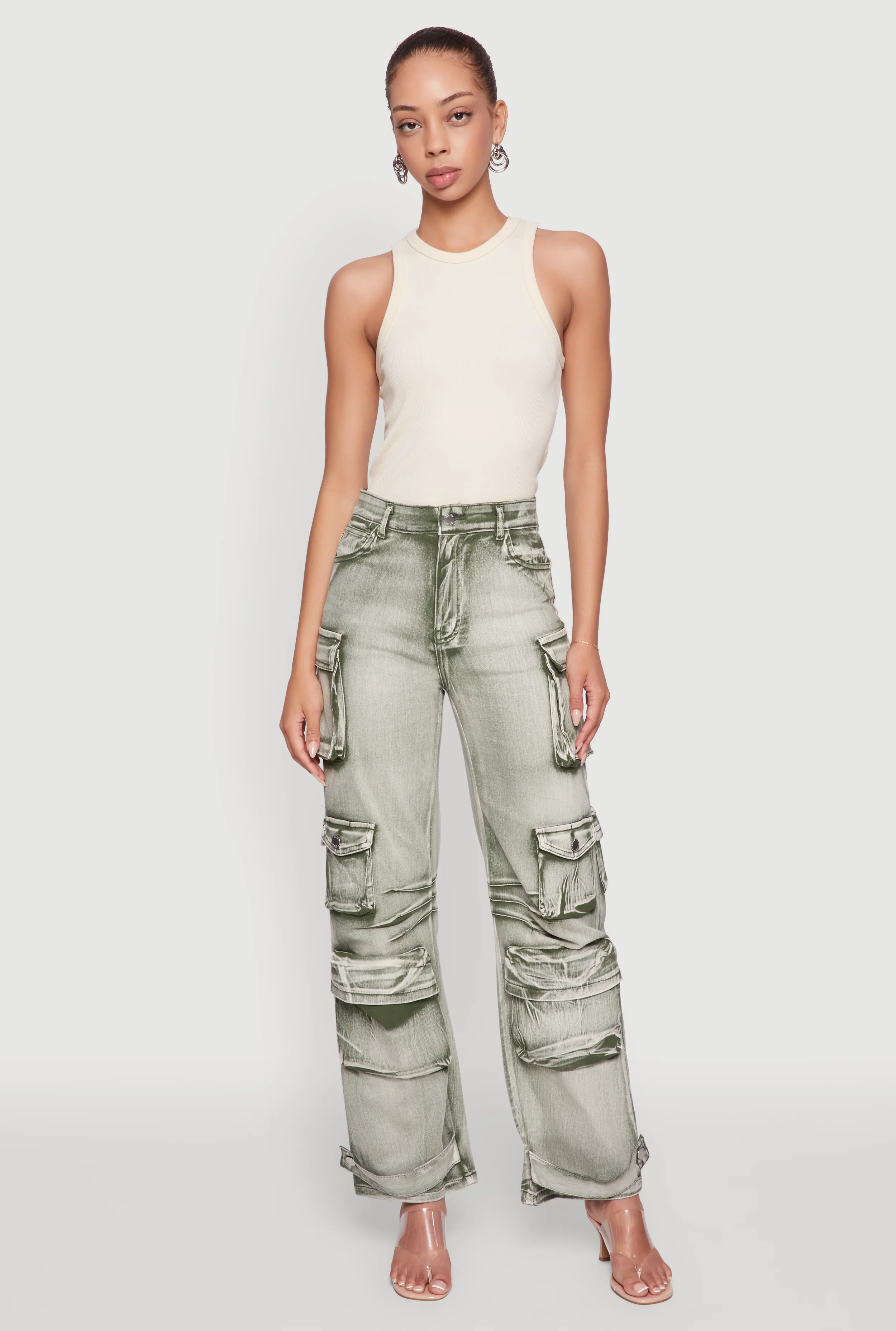 Daisy Acid Wash High Waisted Wide Leg Cargo Jeans