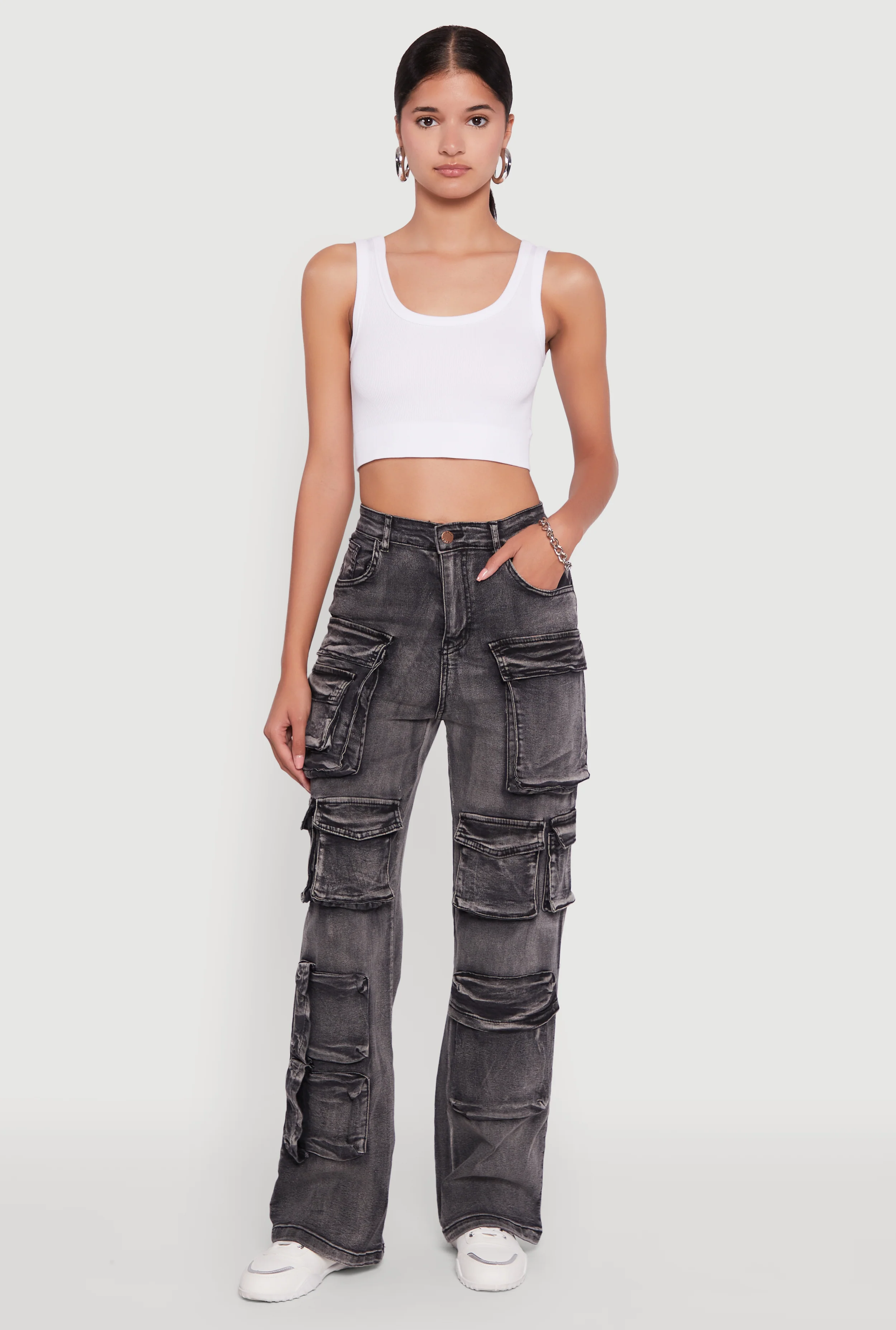 Mineral Wash High Waisted Straight Leg Utility Jeans