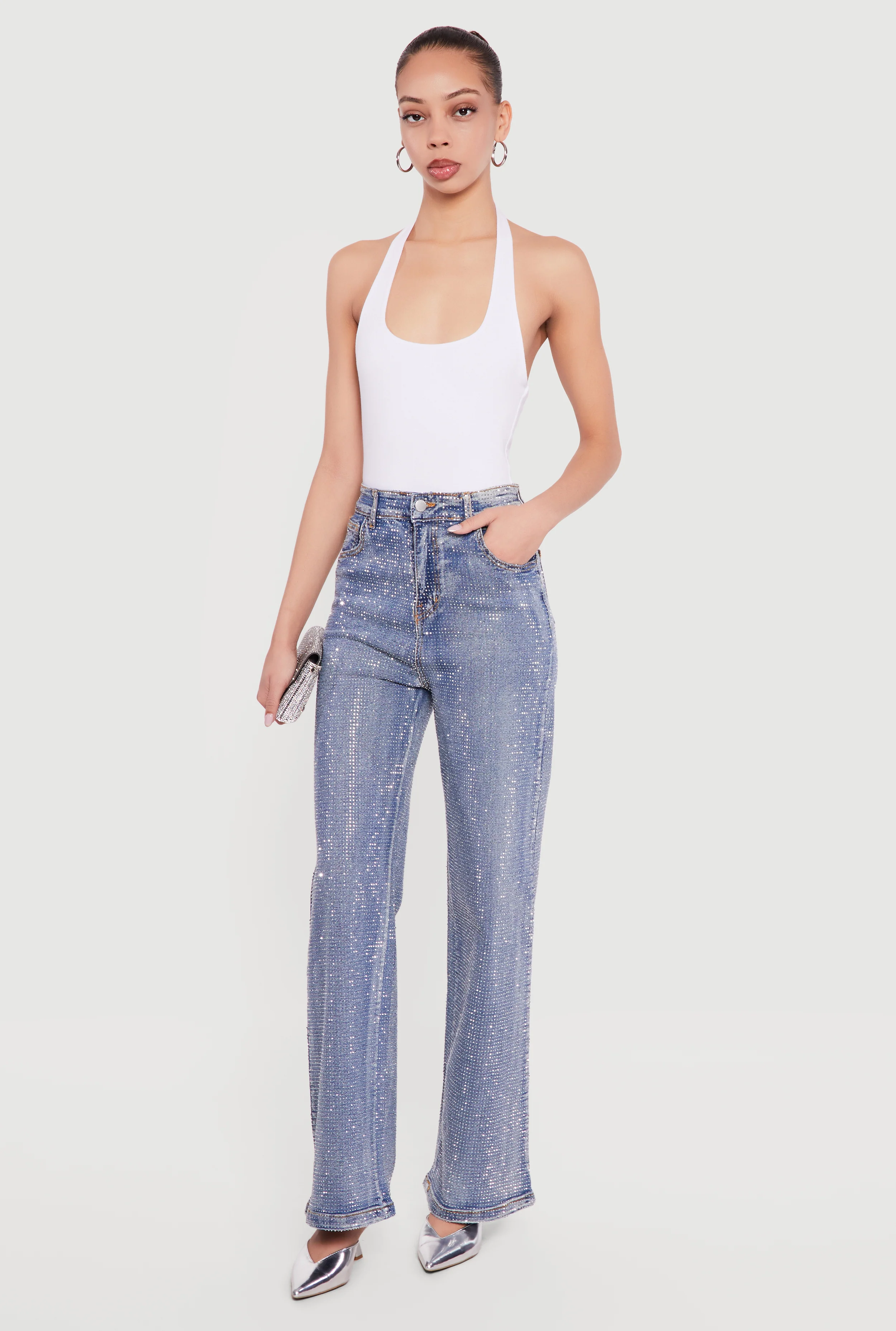 Rhinestone Studded High Waisted Straight Leg Jeans
