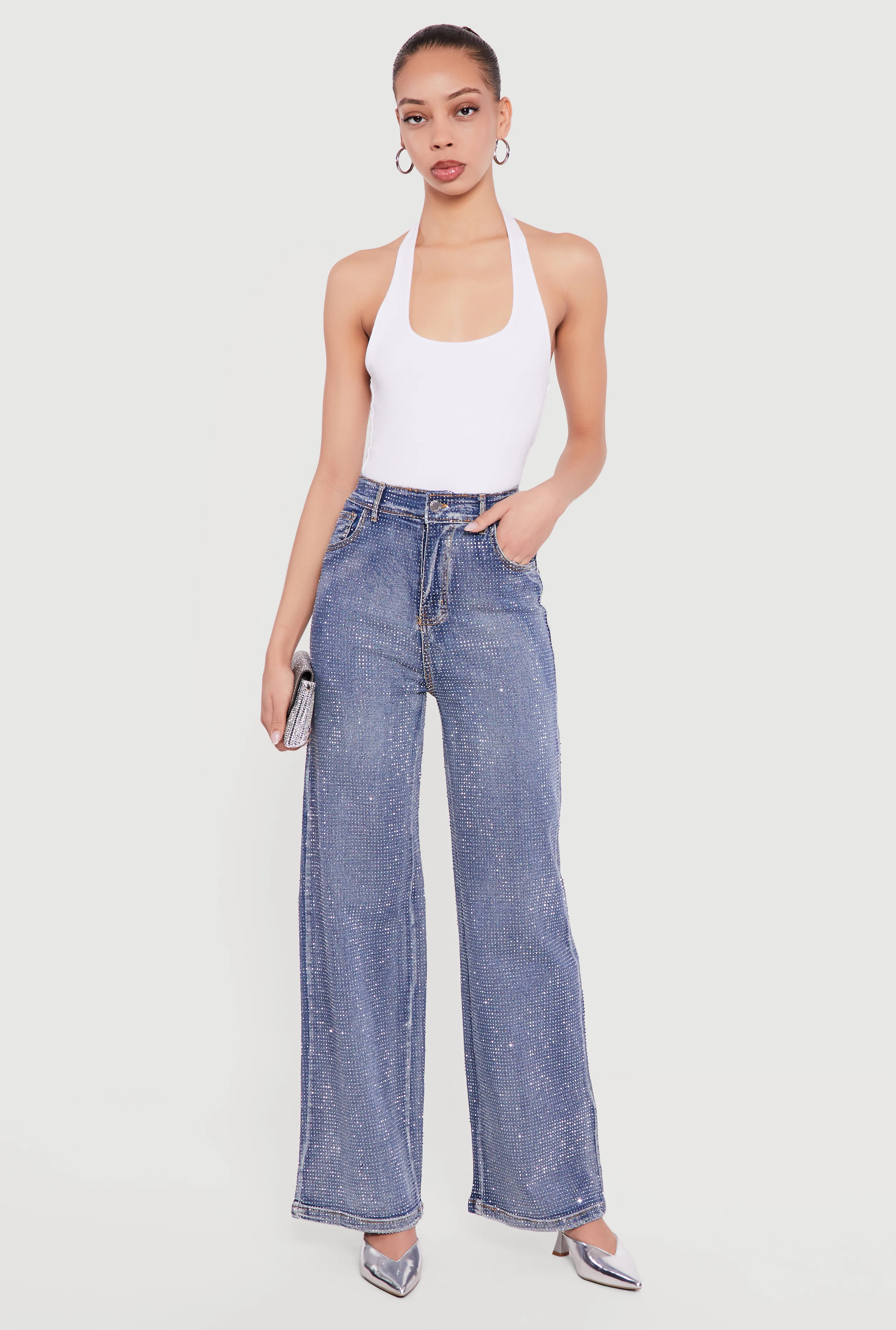 Rhinestone Studded High Waisted Straight Leg Jeans