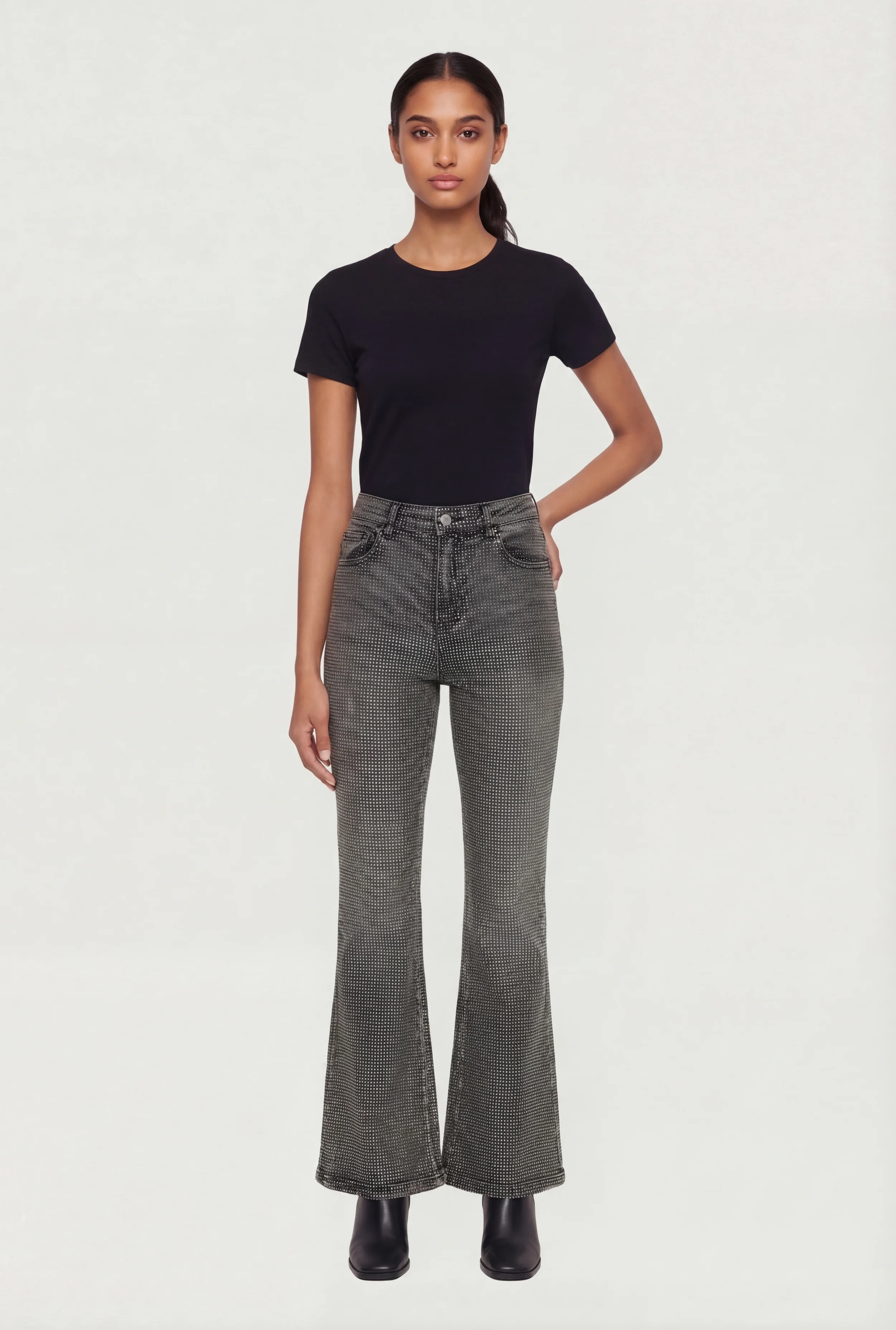 Trendy Mid Rise Rhinestone Flare Leg Jeans