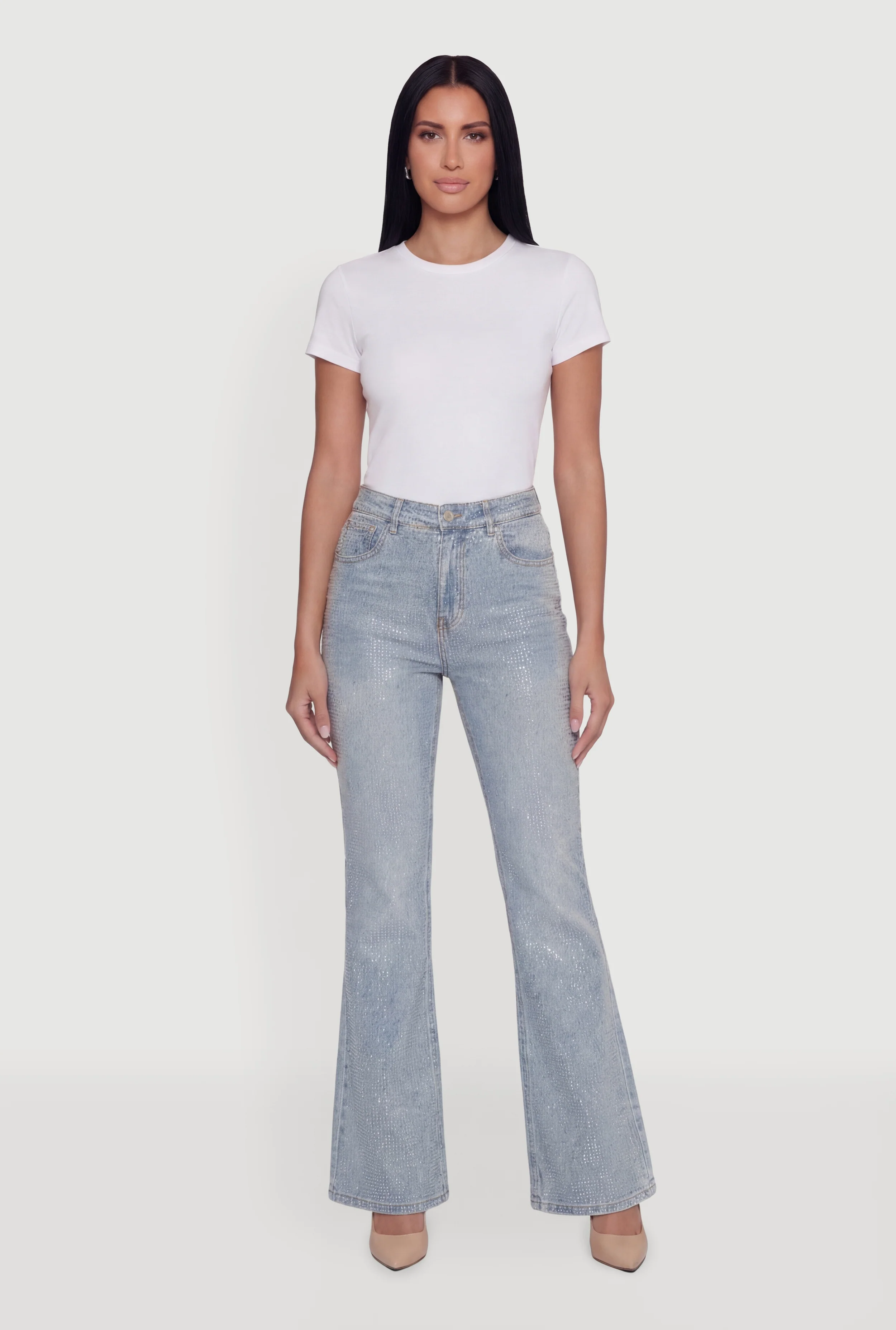 Trendy Mid Rise Rhinestone Flare Leg Jeans