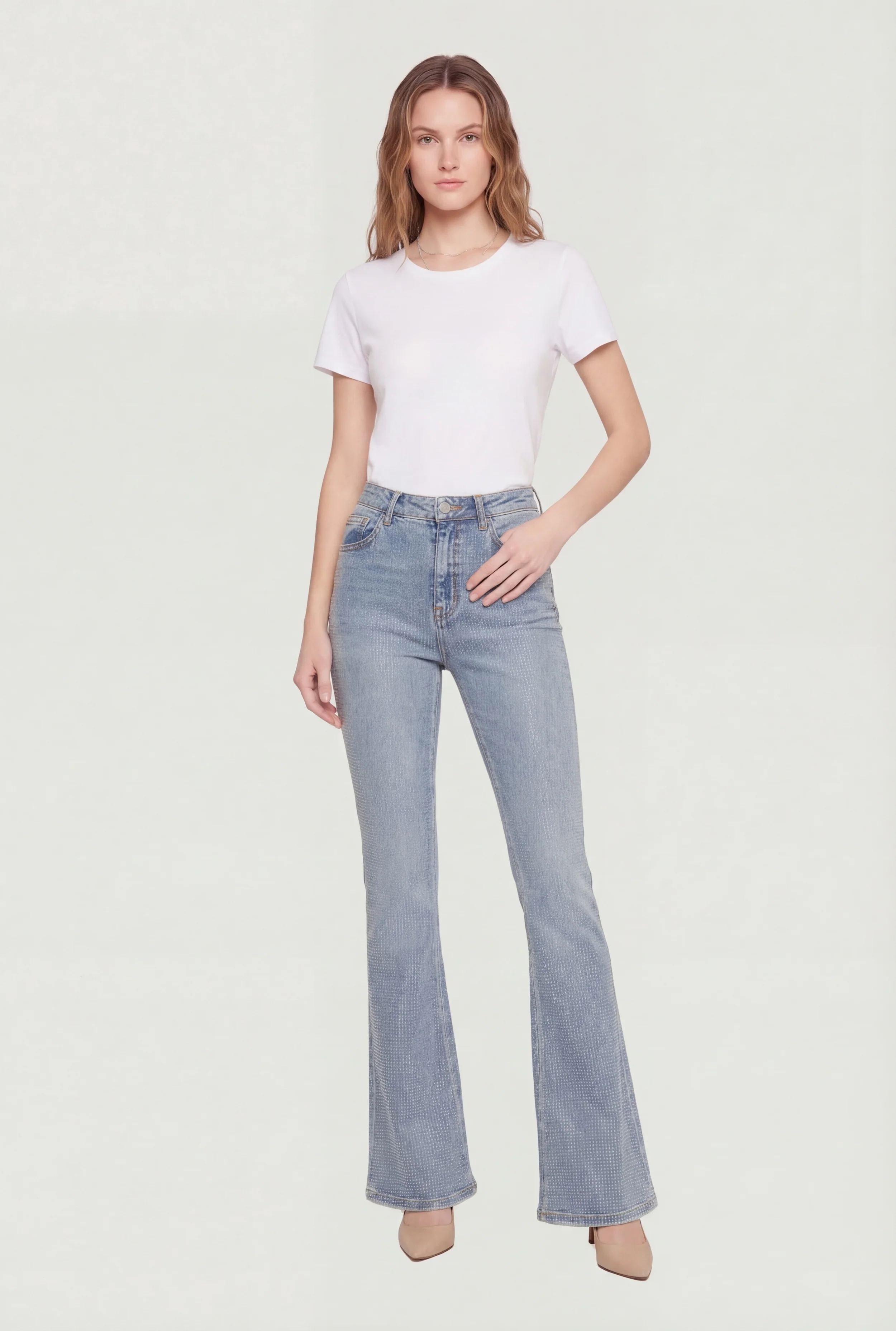 Trendy Mid Rise Rhinestone Flare Leg Jeans