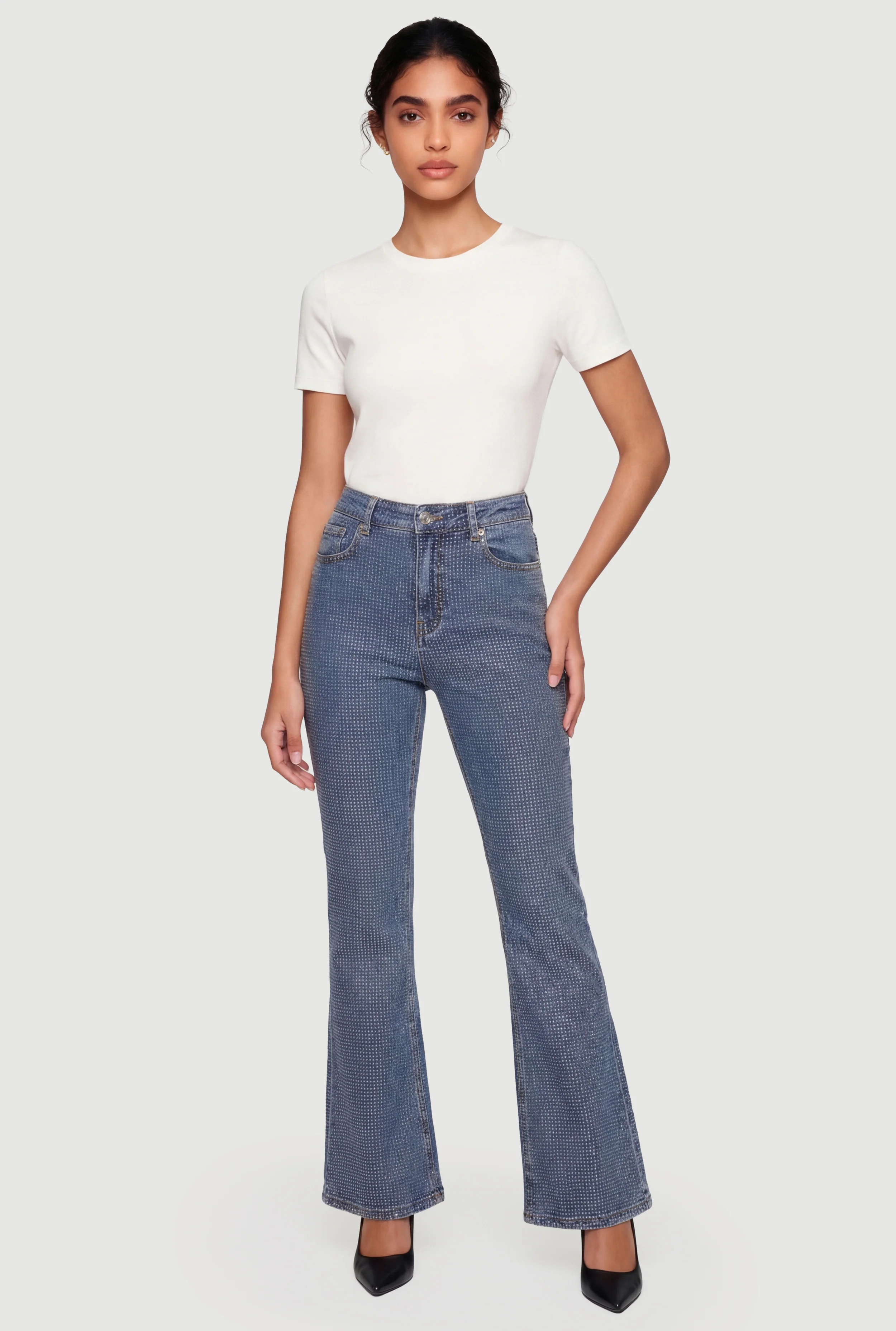 Trendy Mid Rise Rhinestone Flare Leg Jeans