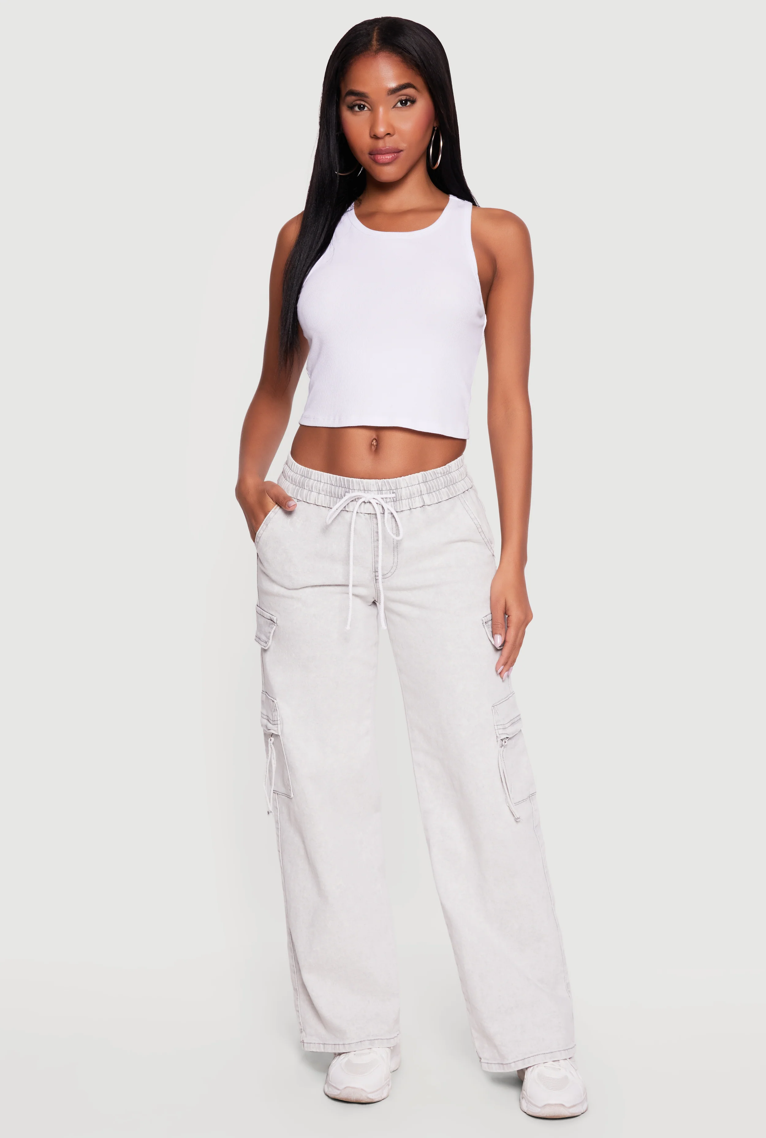 Acid Wash Drawstring Waist Cargo Jeans