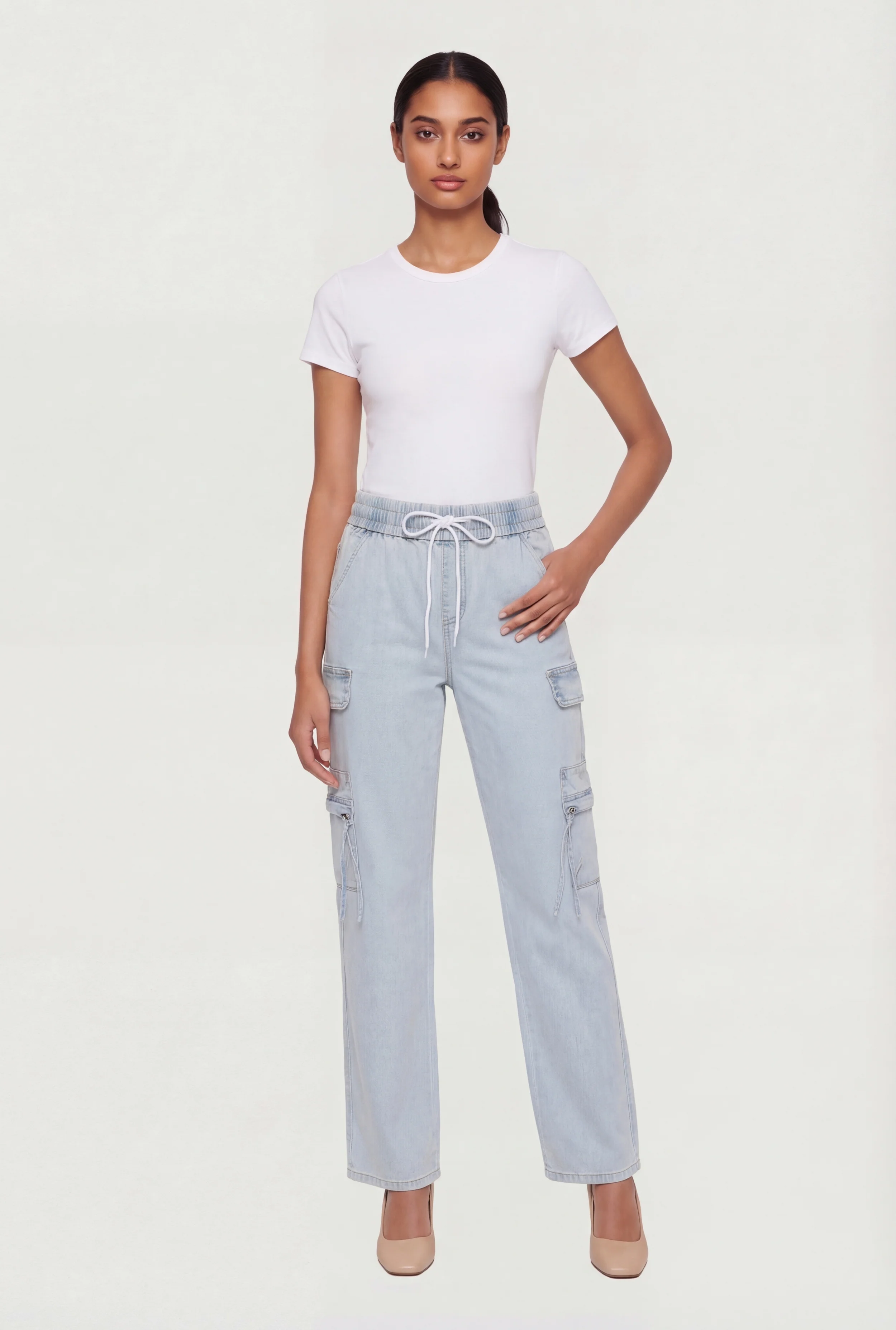 Acid Wash Drawstring Waist Cargo Jeans