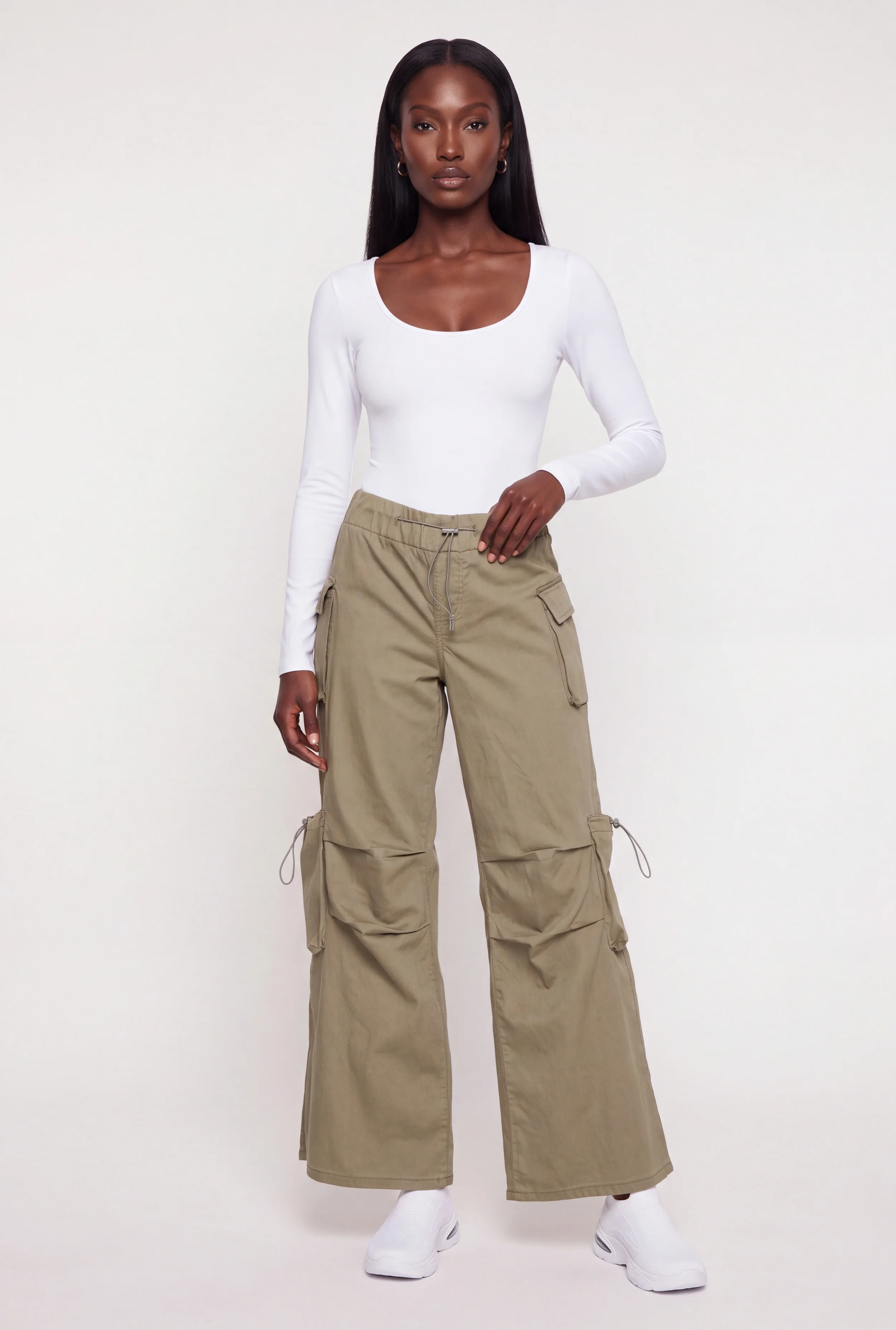 Toggle Drawstring Waist Wide Leg Cargo Pants