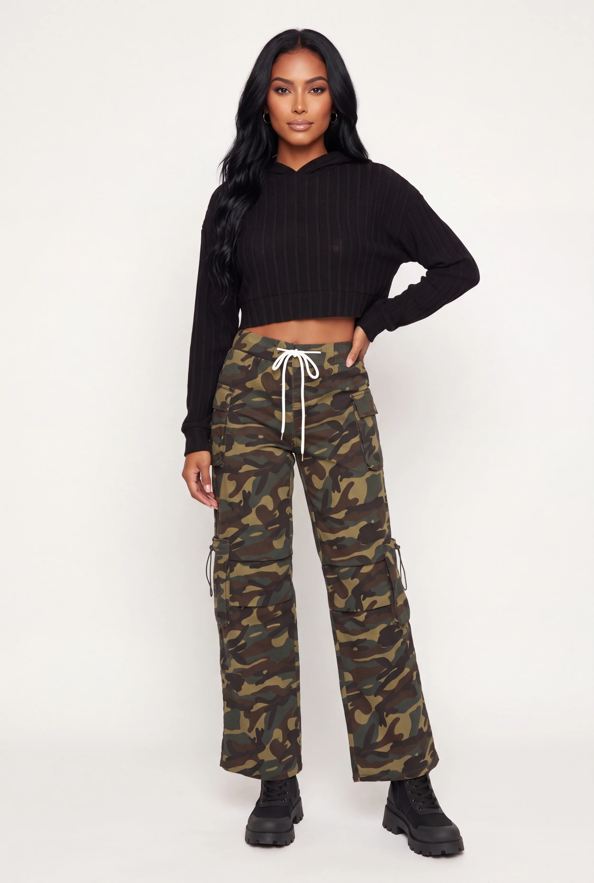 Camo Drawstring Waist Cargo Pants
