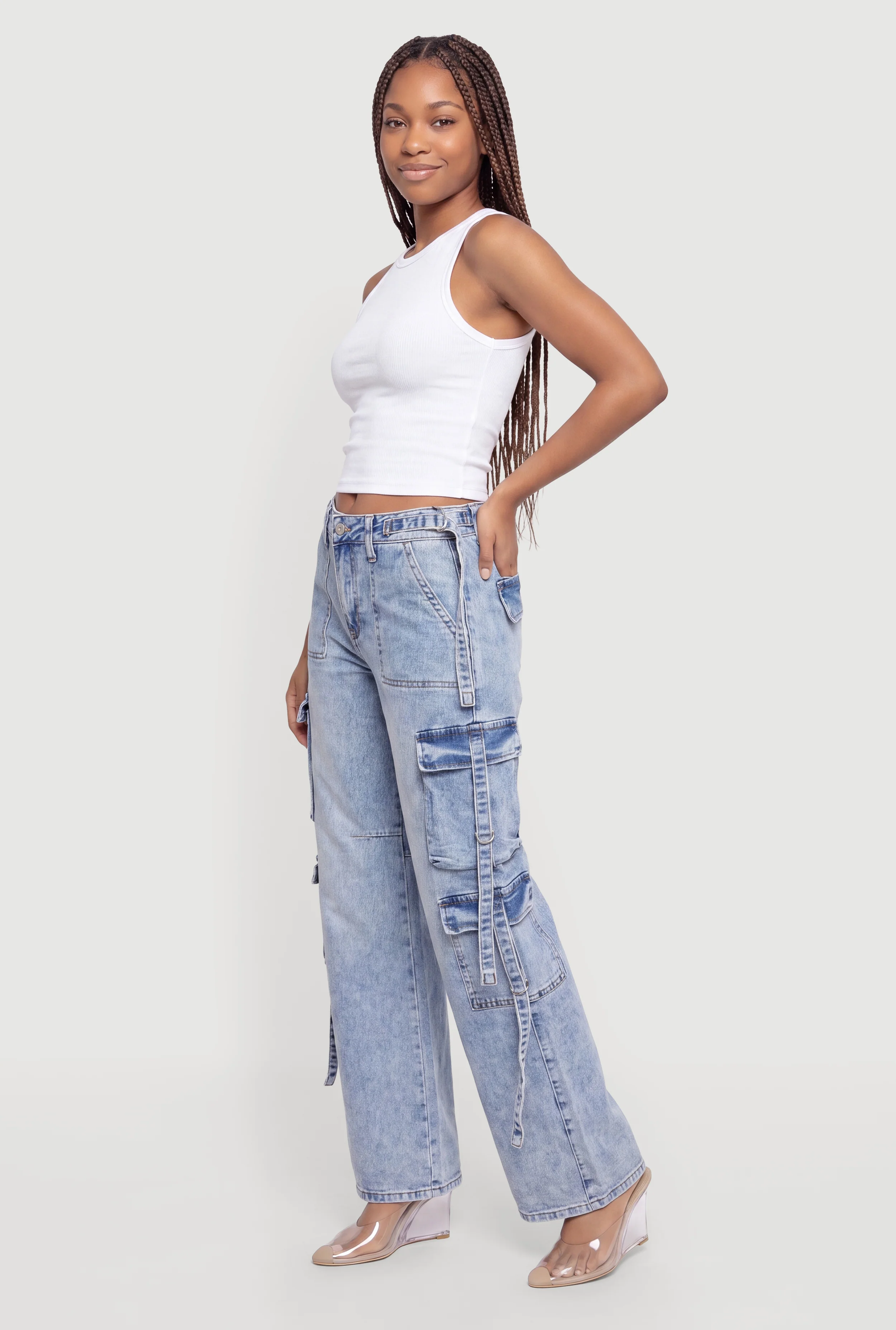 Tassel Detail Acid Wash Wide Leg Cargo Jeans