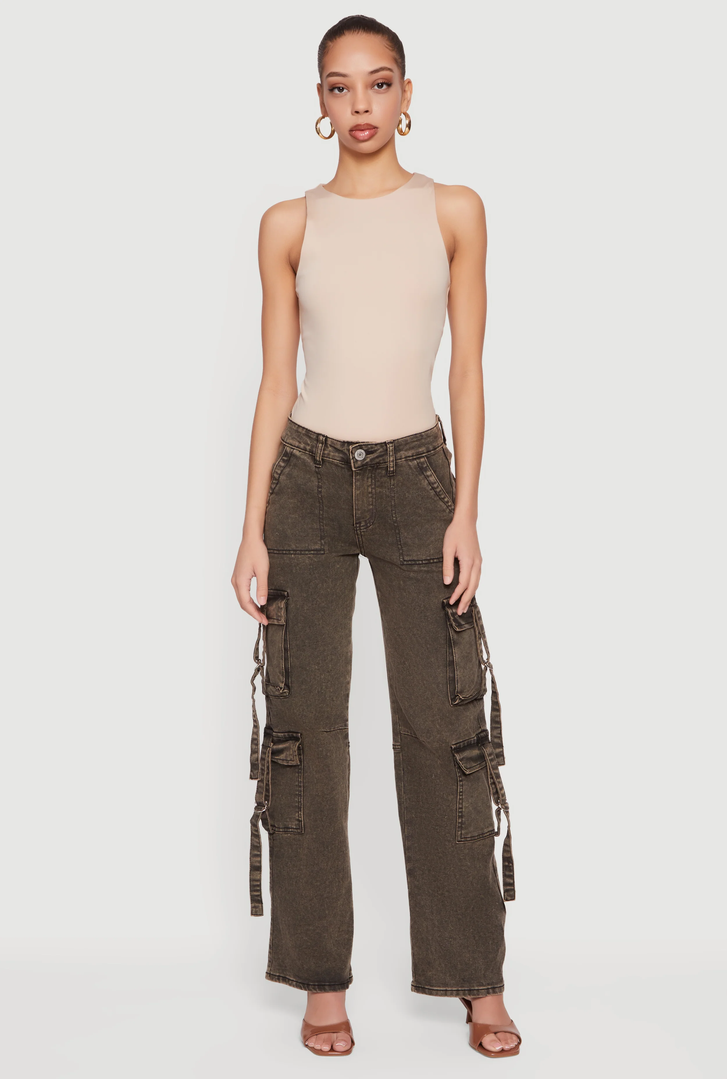 Acid Wash Cargo Pocket Straight Leg Jeans