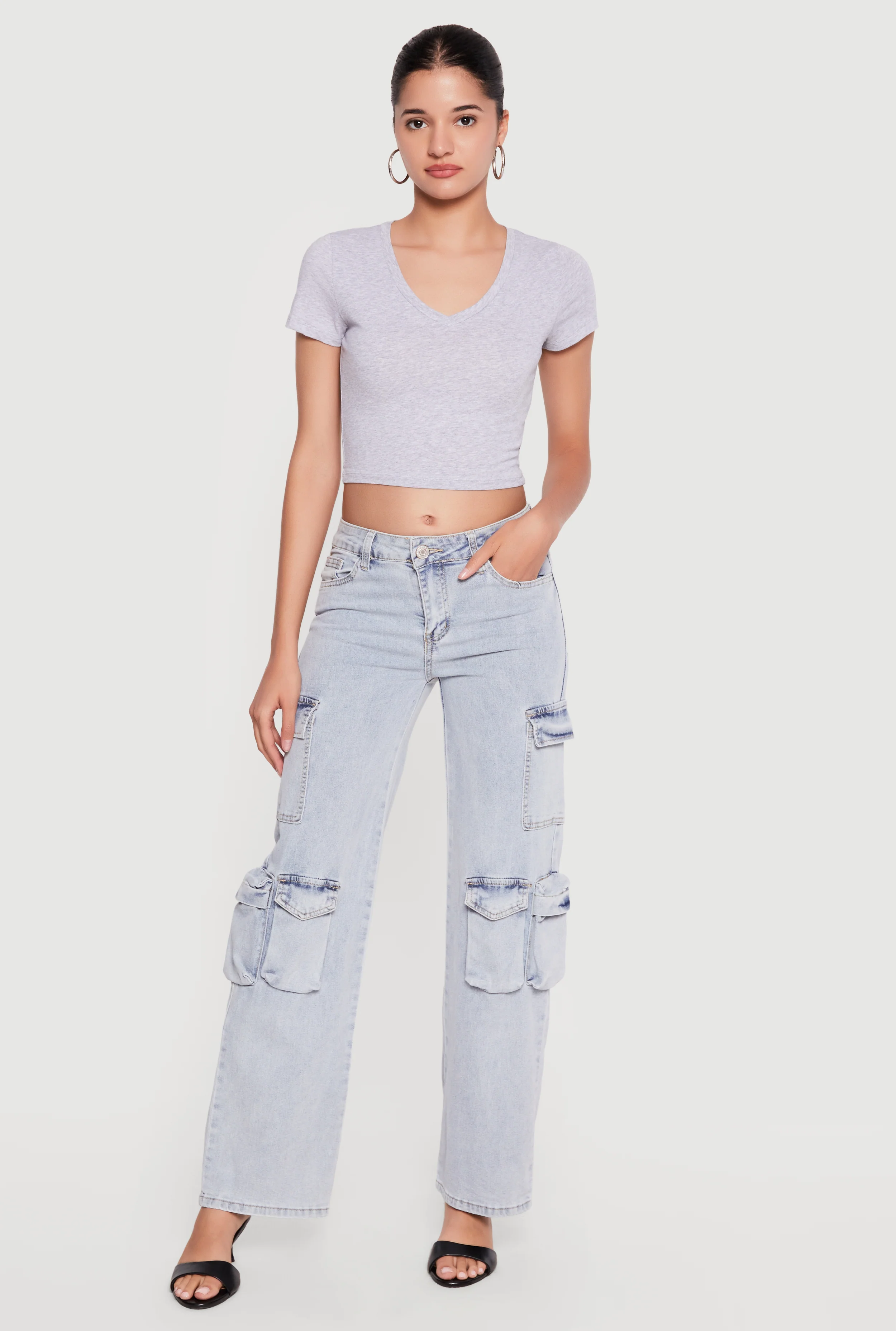 Acid Wash Straight Leg Cargo Pocket Jeans