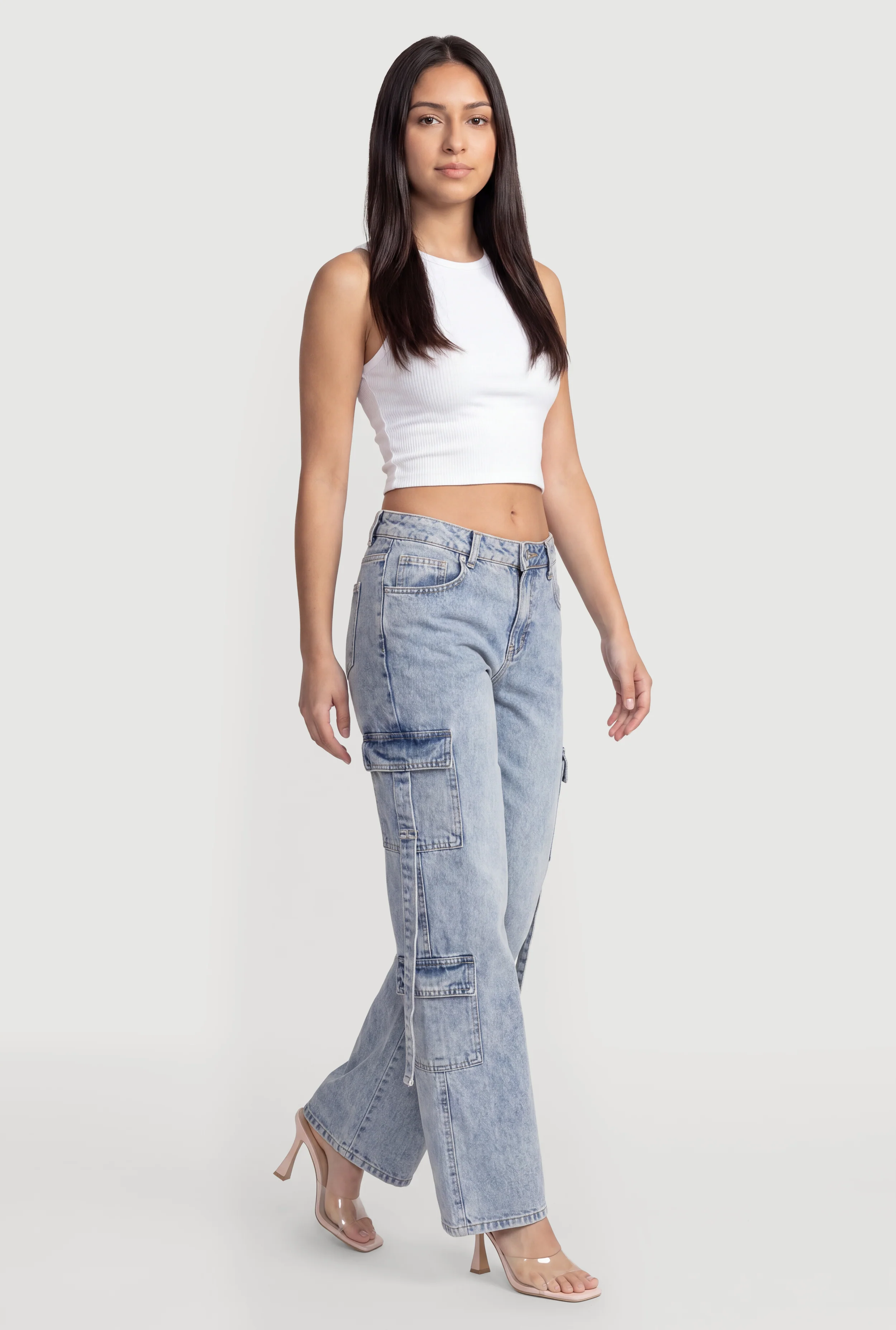 Trendy Mid Rise Acid Wash Straight Leg Cargo Jeans