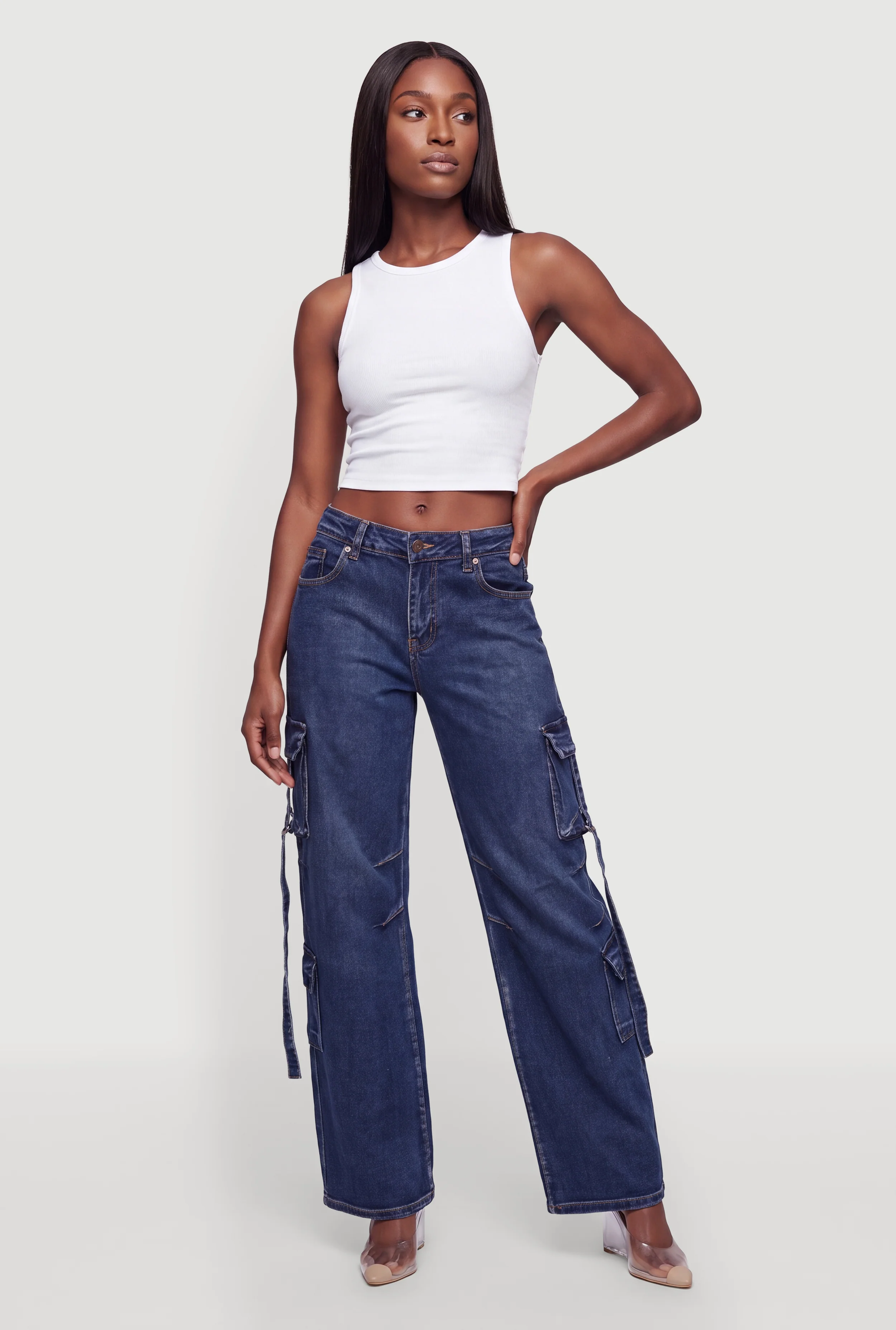 Tassel Detail Wide Leg Cargo Jeans