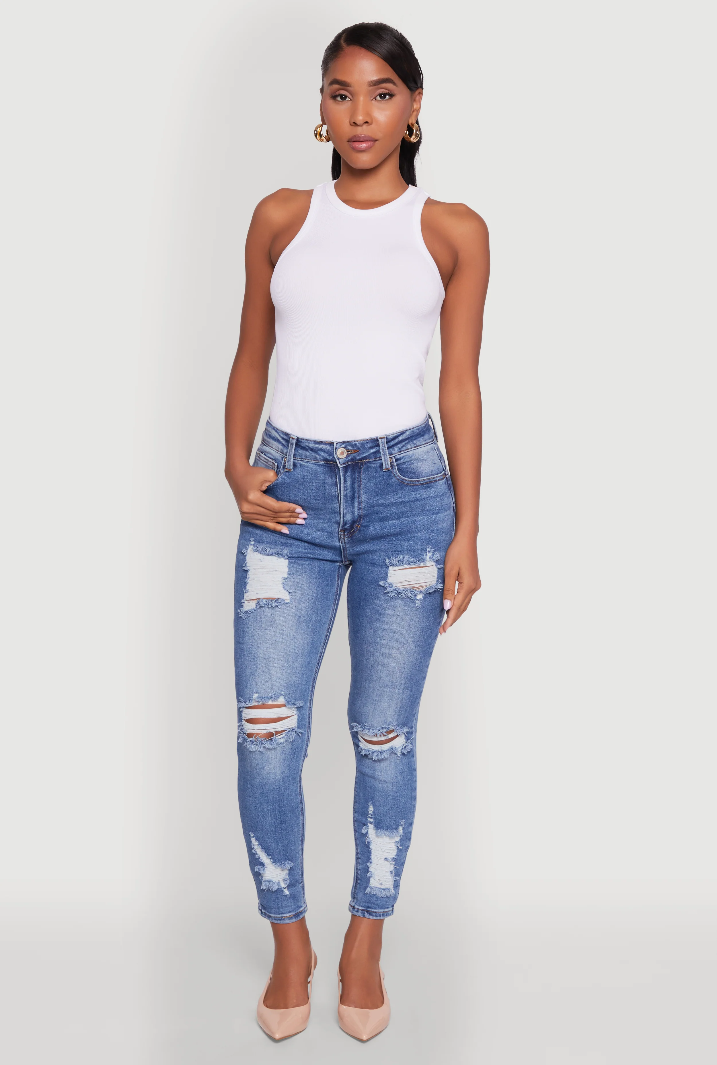 WAX Ripped Rolled Cuff Skinny Jeans