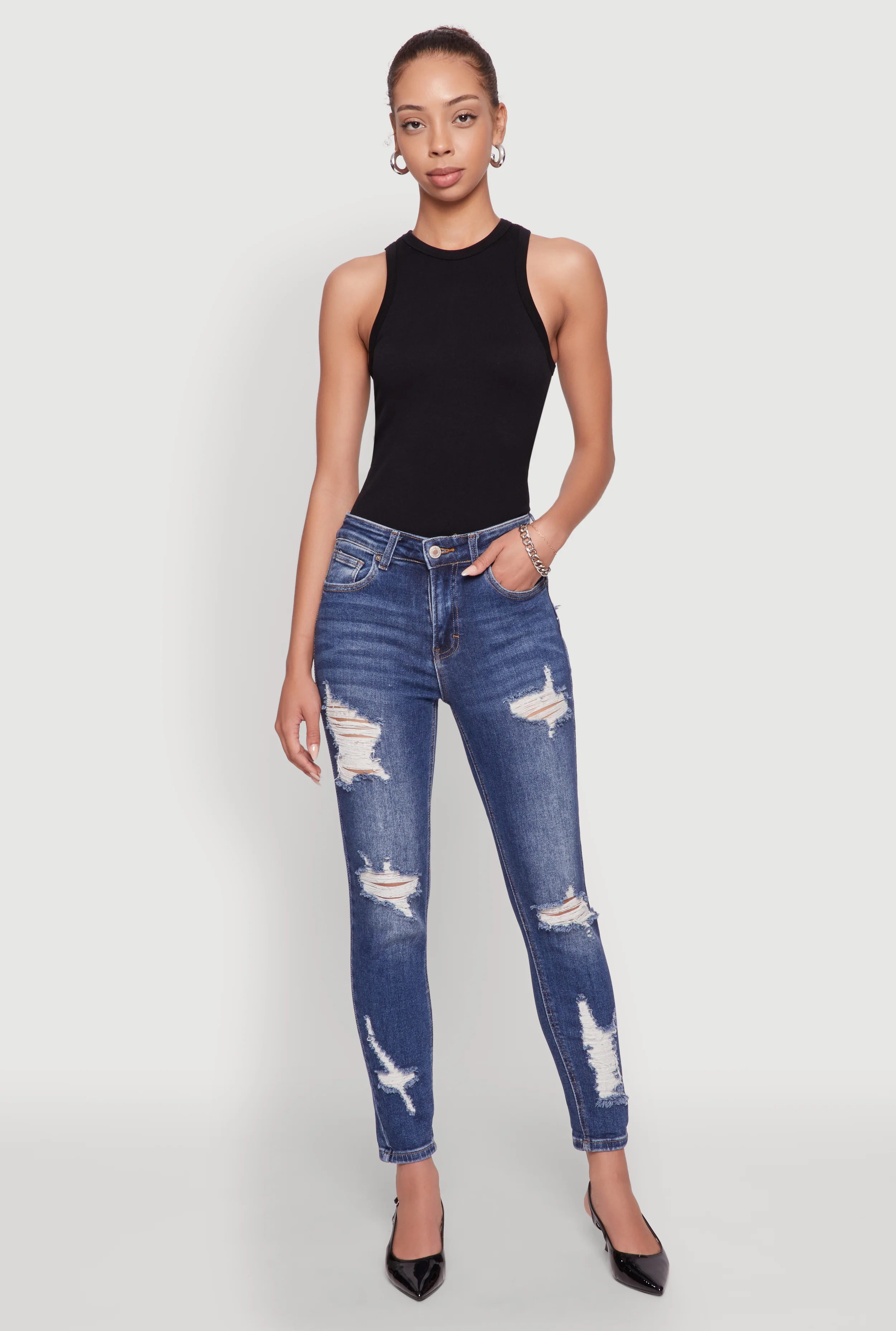 WAX Ripped Rolled Cuff Skinny Jeans