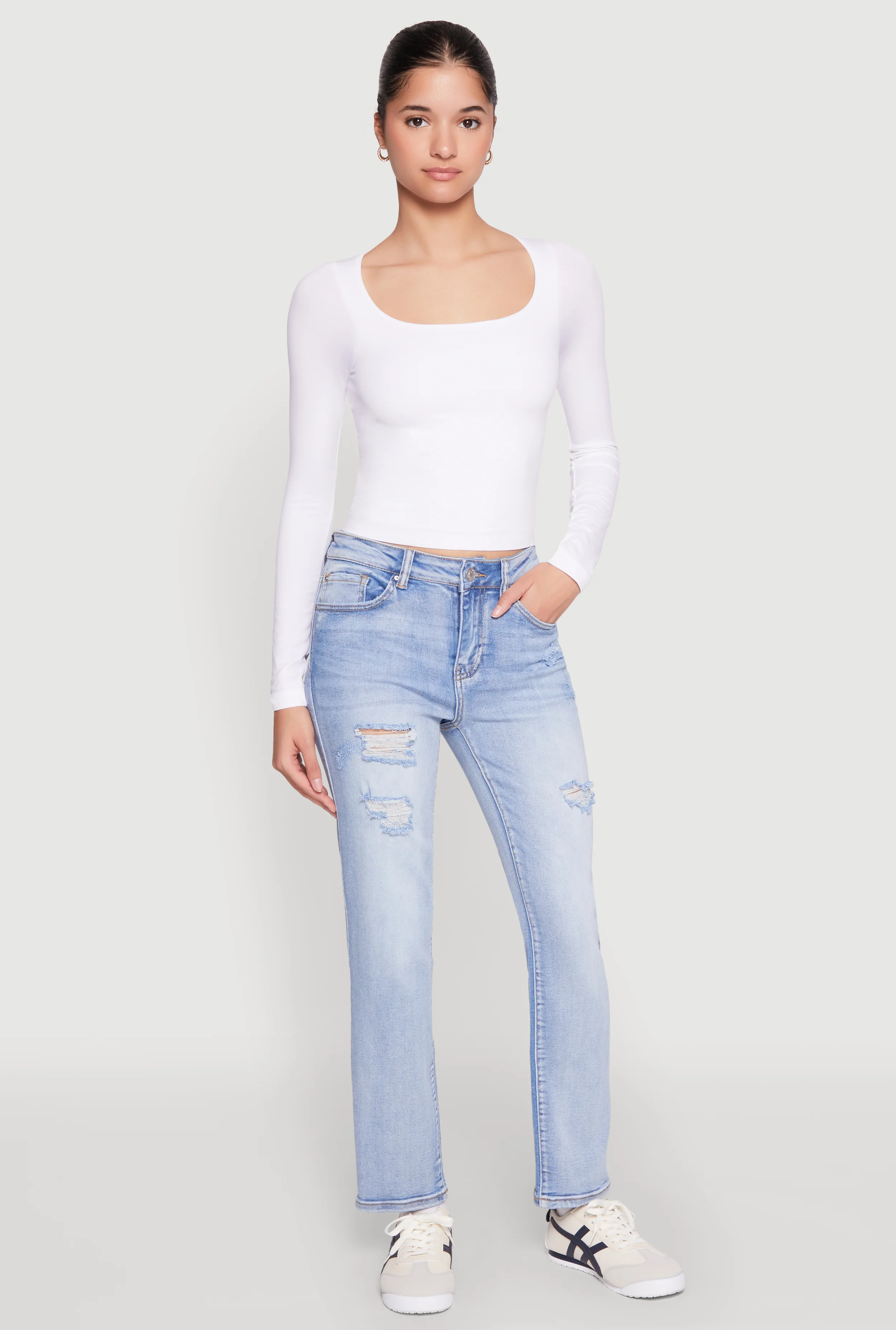 WAX Distressed Straight Leg Jeans