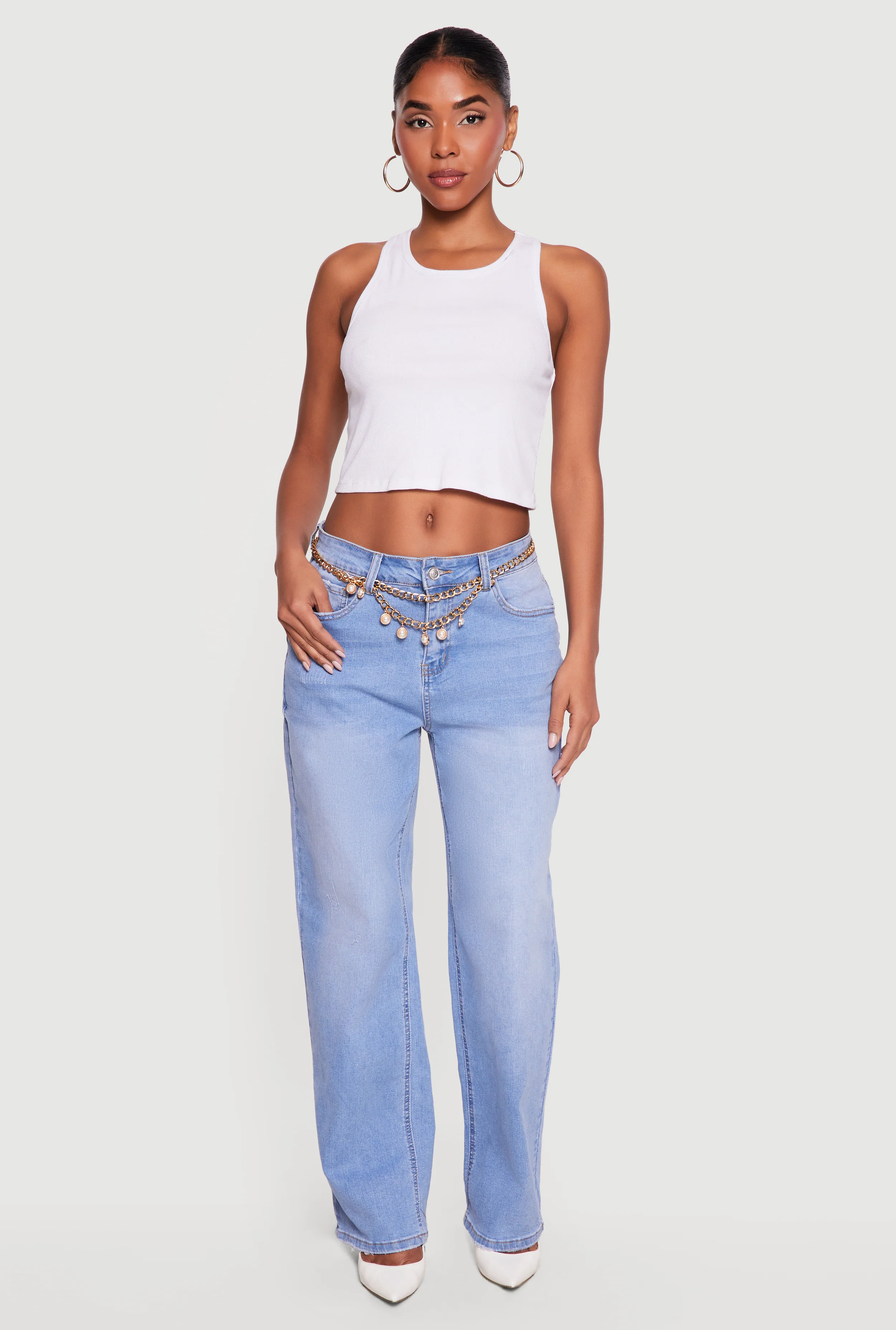 Whiskered Mid Rise Straight Leg Frayed Jeans