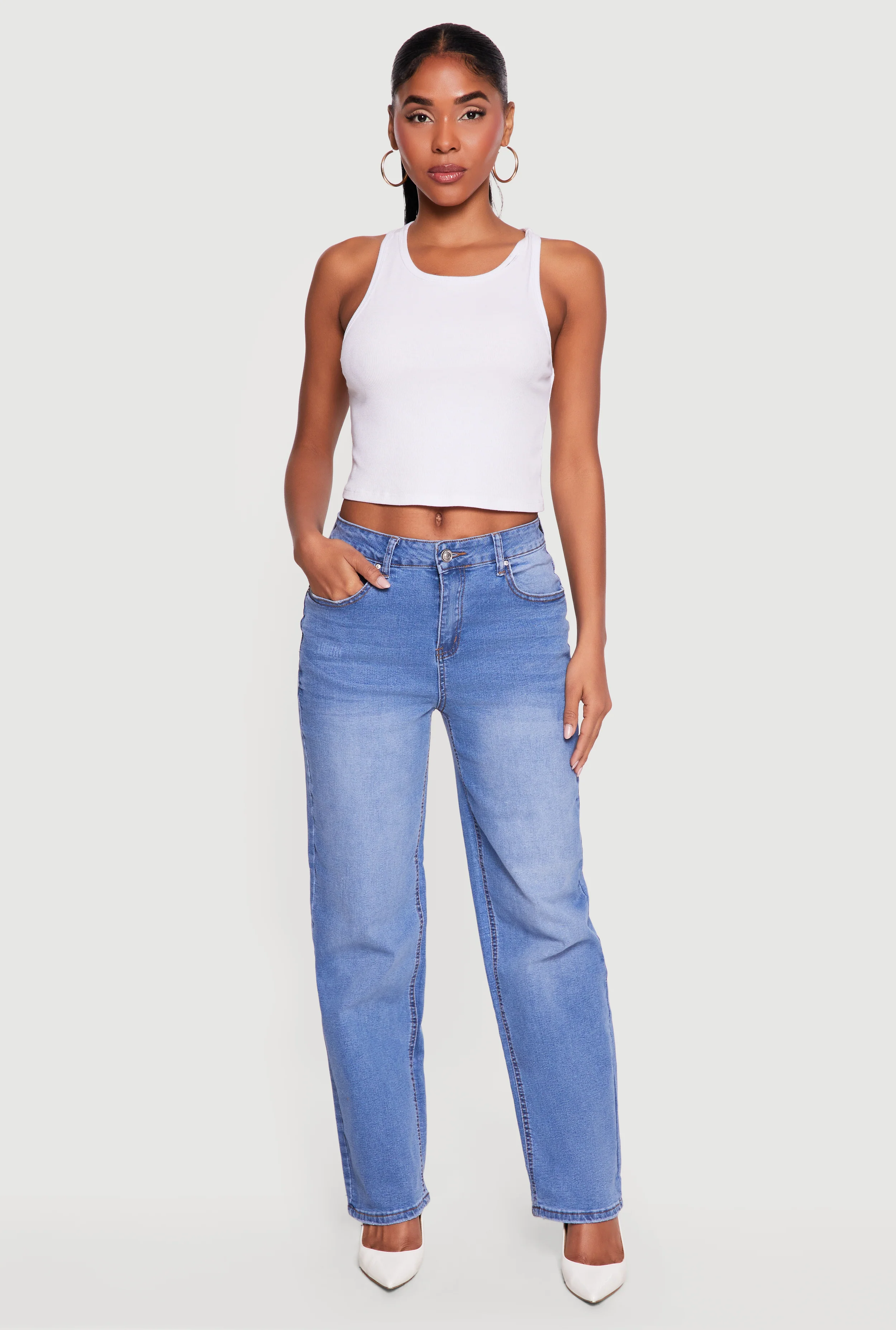 Whiskered Mid Rise Straight Leg Frayed Jeans