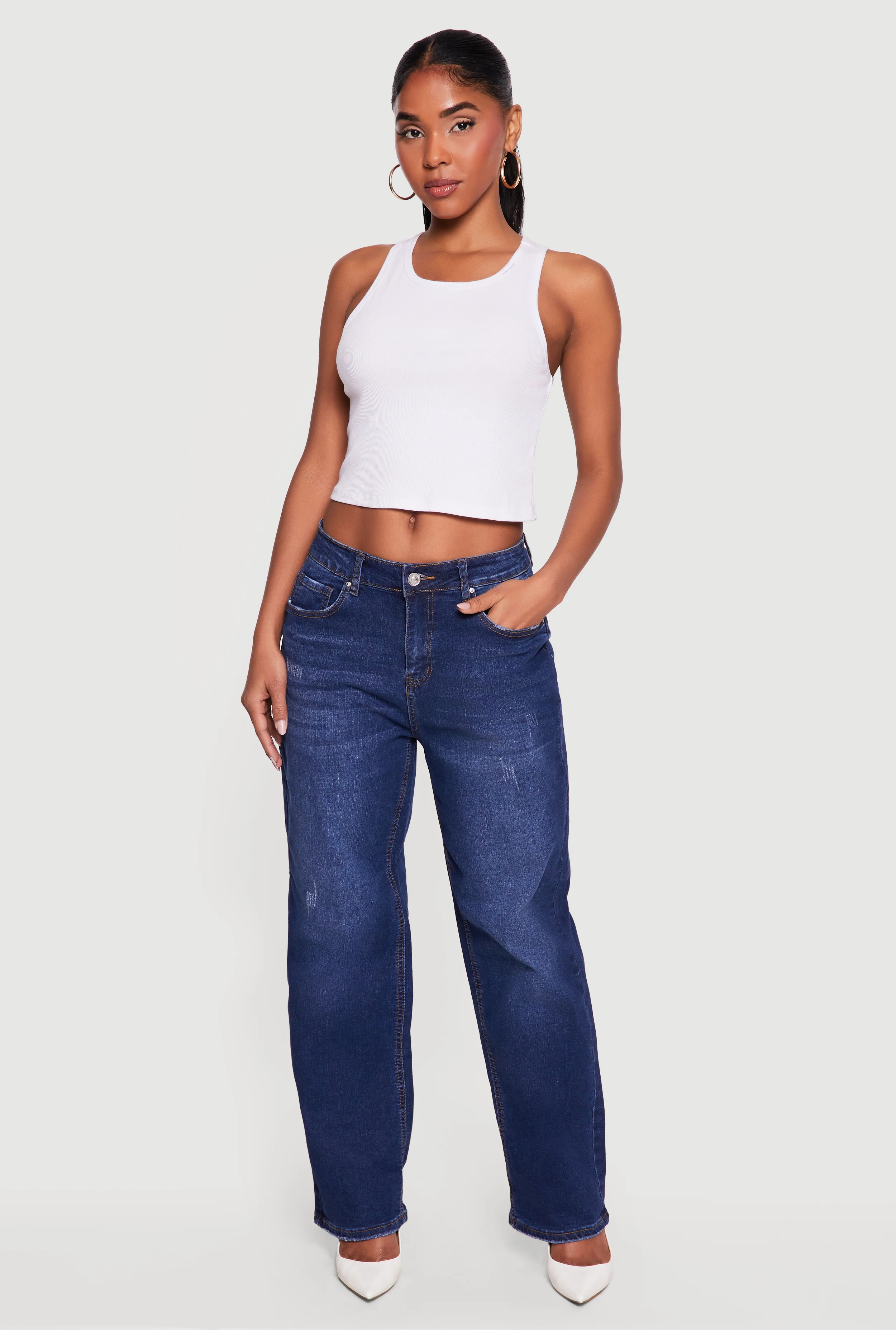 Whiskered Mid Rise Straight Leg Frayed Jeans