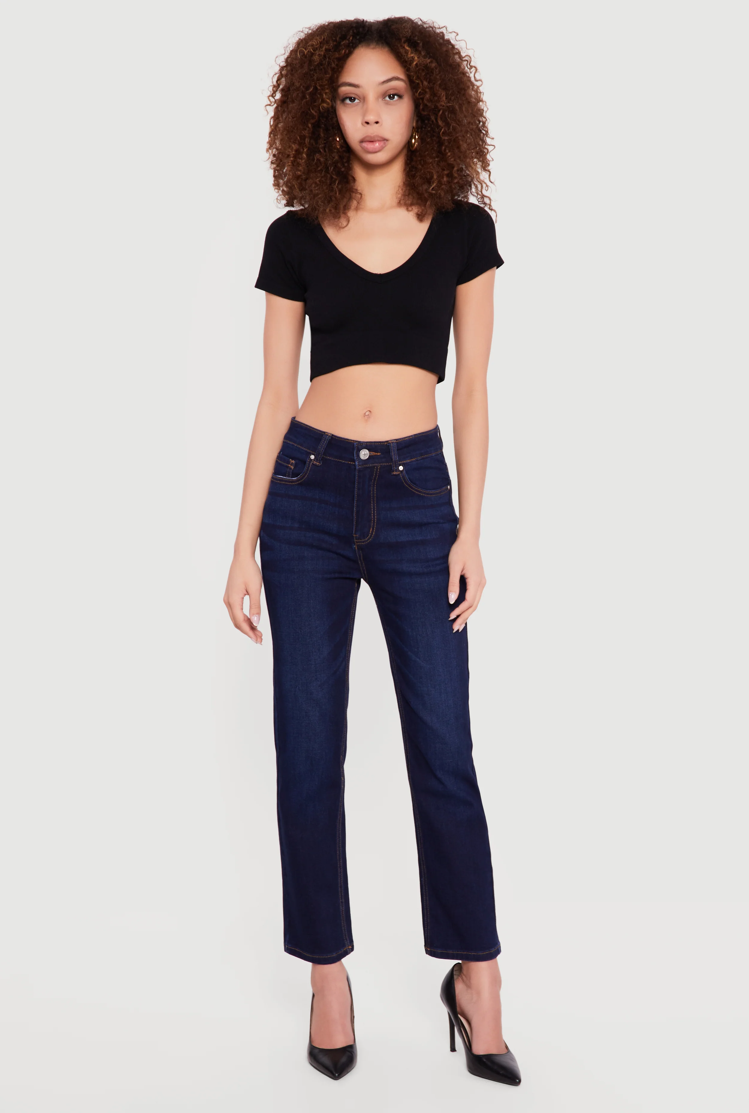 High Waisted Whiskered Straight Leg Jeans