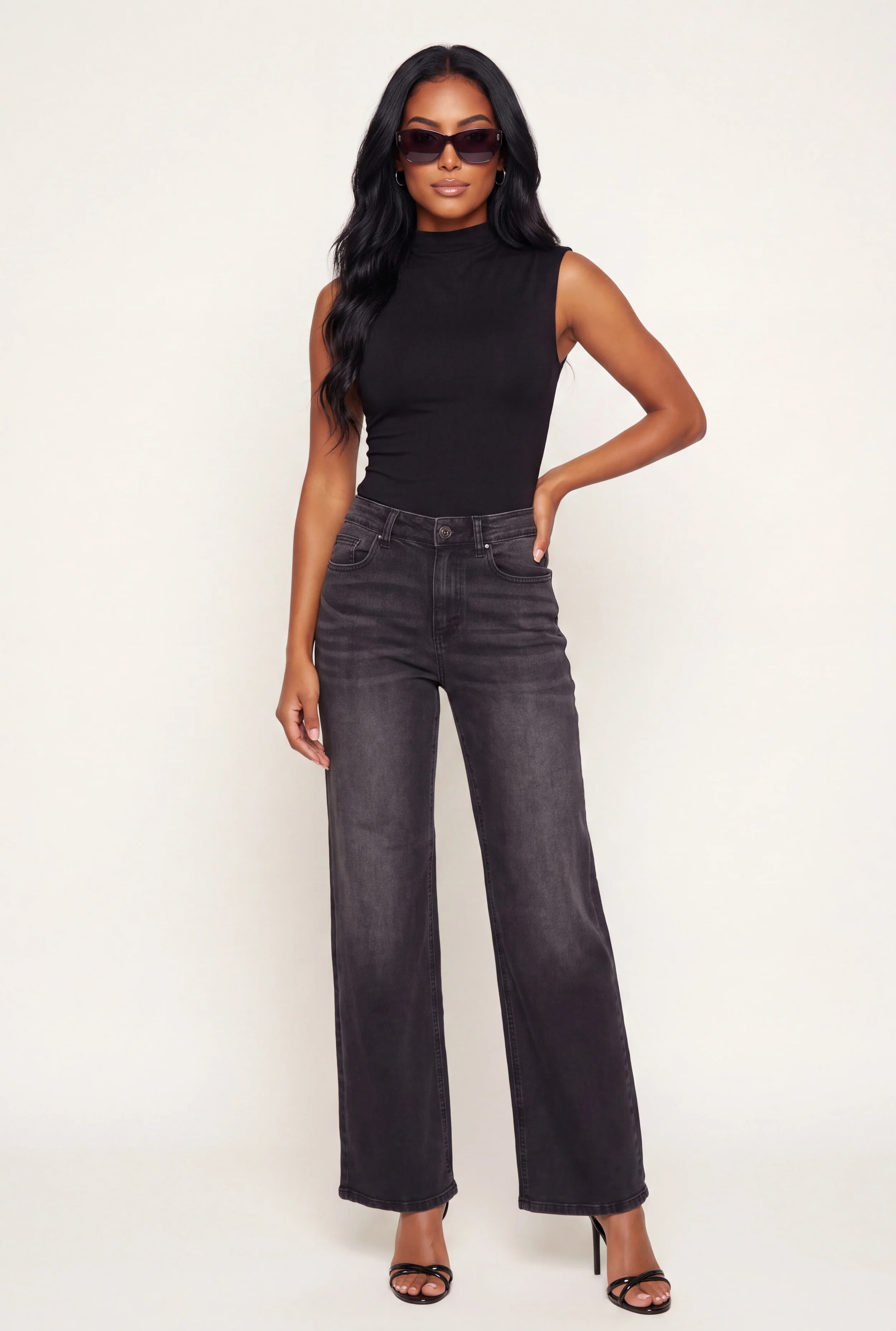 Whiskered Acid Wash Mid Rise Wide Leg Jeans